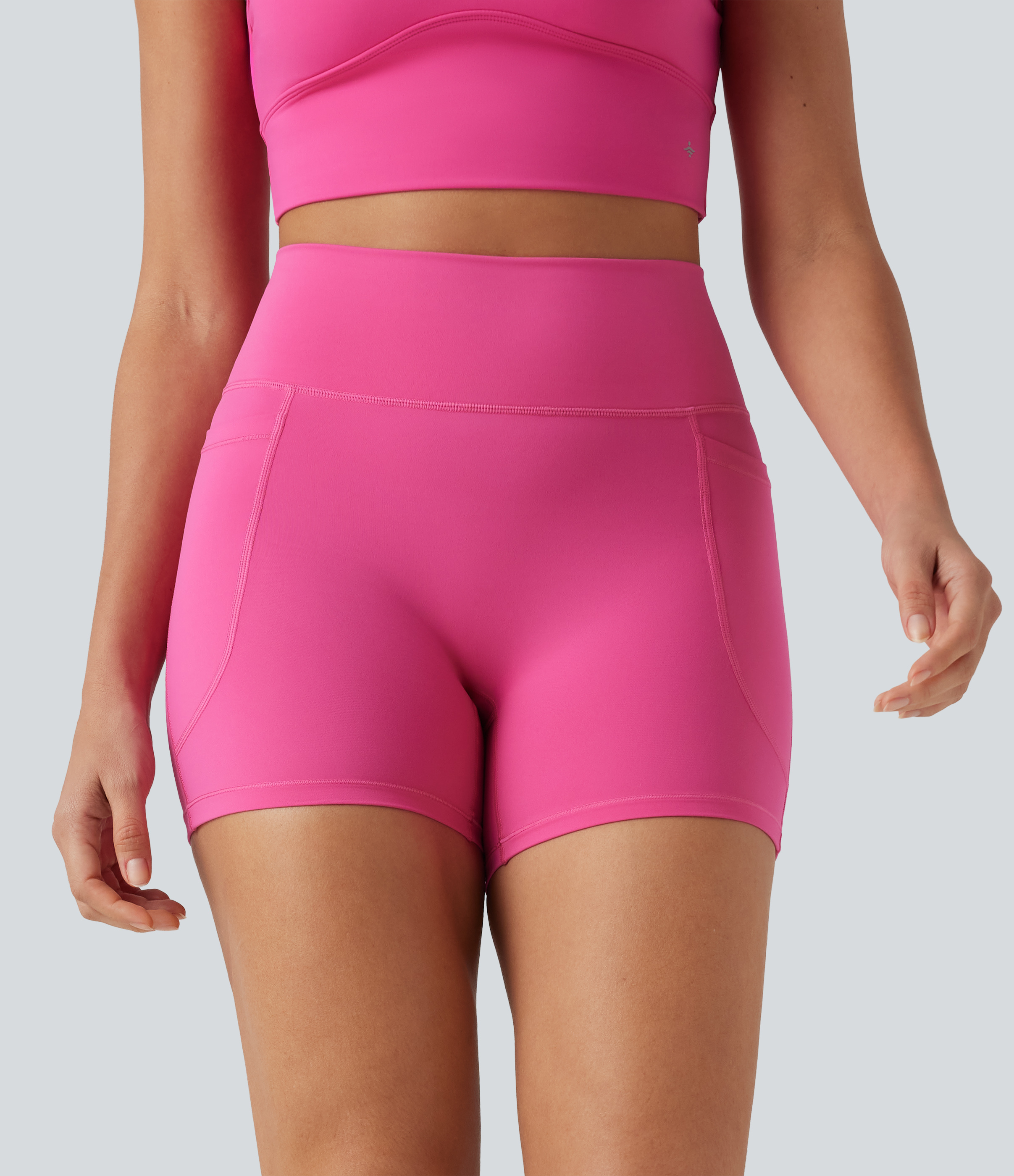 Fuchsia Purple SoftlyZero™ Plush High-waisted Twisted-Back Yoga Biker Shorts 5'' with Pockets / 2