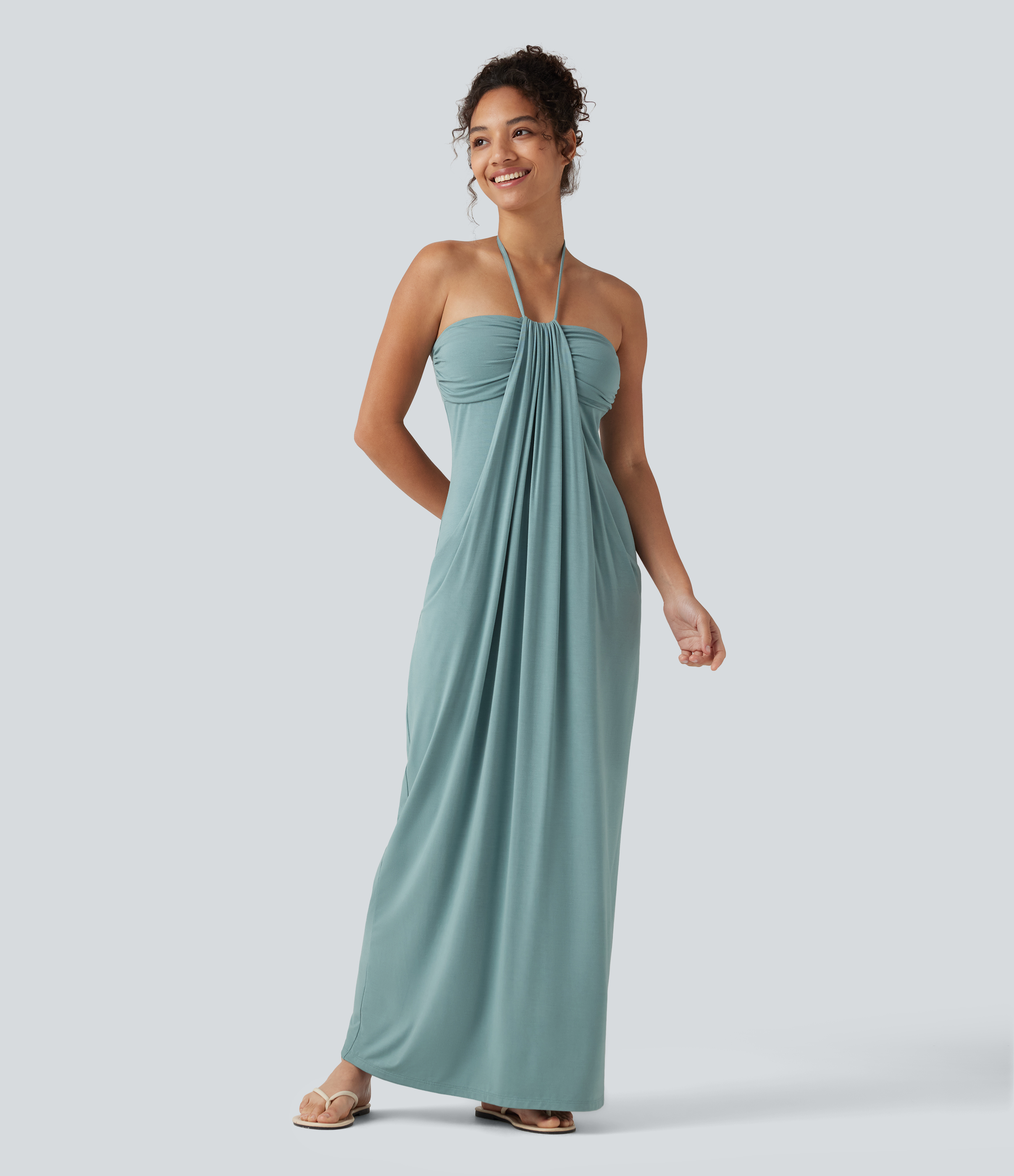 Halter Tie Back Built-in Bra Maxi Dress with Pockets