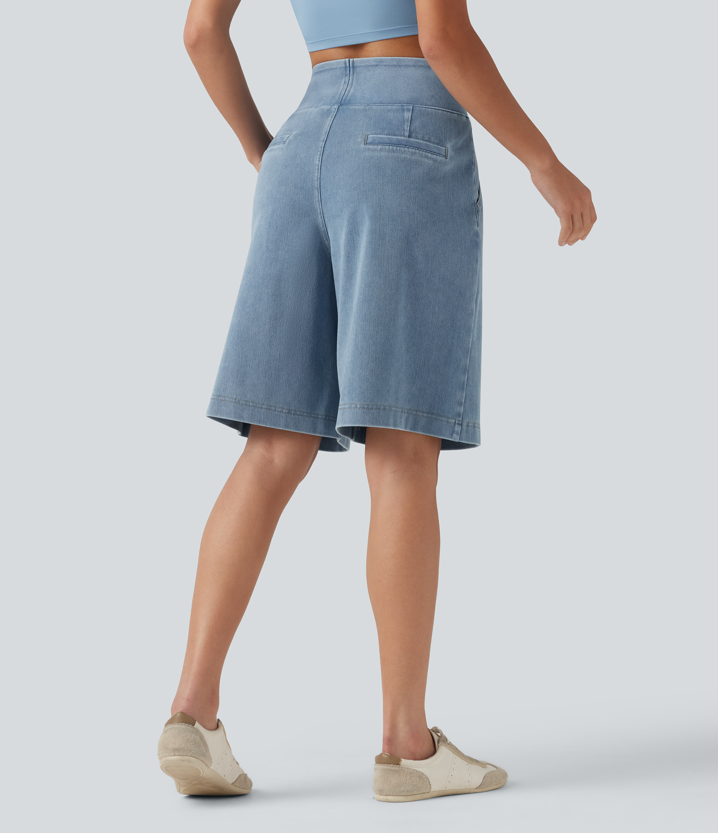 Powder Blue Denim Halara Flex™ bermudy s vysokým pasem, džínové, volný (baggy) střih, délka 10'' s kapsami / 2