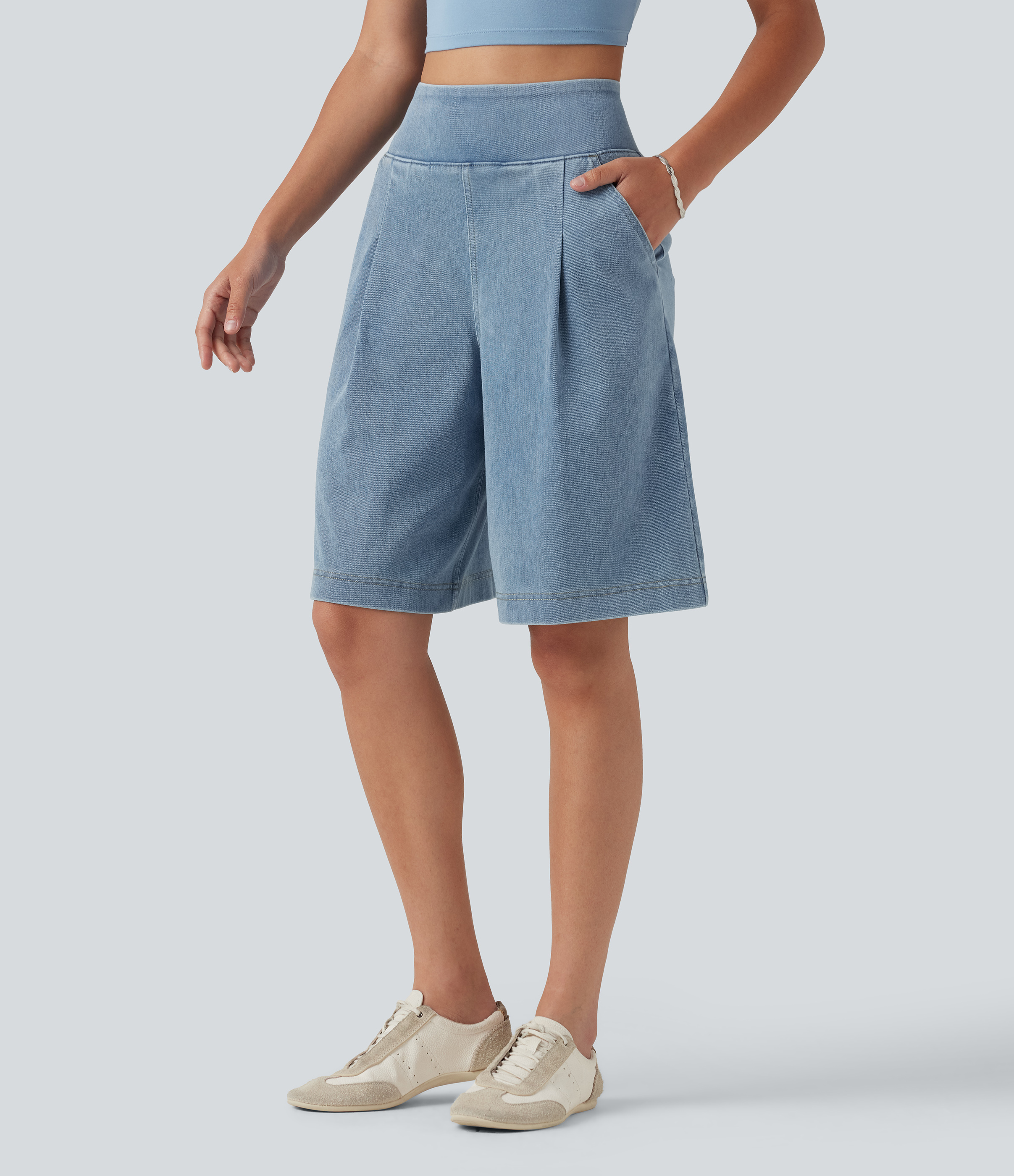 Halara Flex™ - Lässige Baggy-Shorts aus verwaschenem Denim mit hohem Bund und mehreren Taschen - 25,6 cm