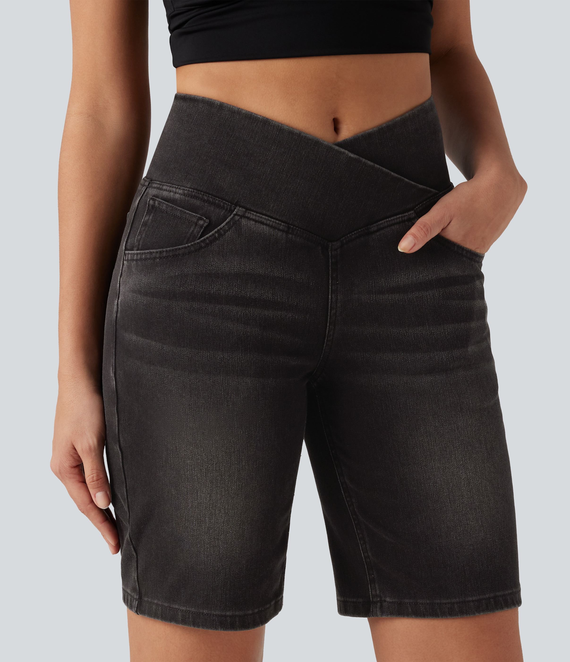 Halara Flex™ High Waisted Crossover Tummy Control Denim Casual Bermuda Shorts with Pockets