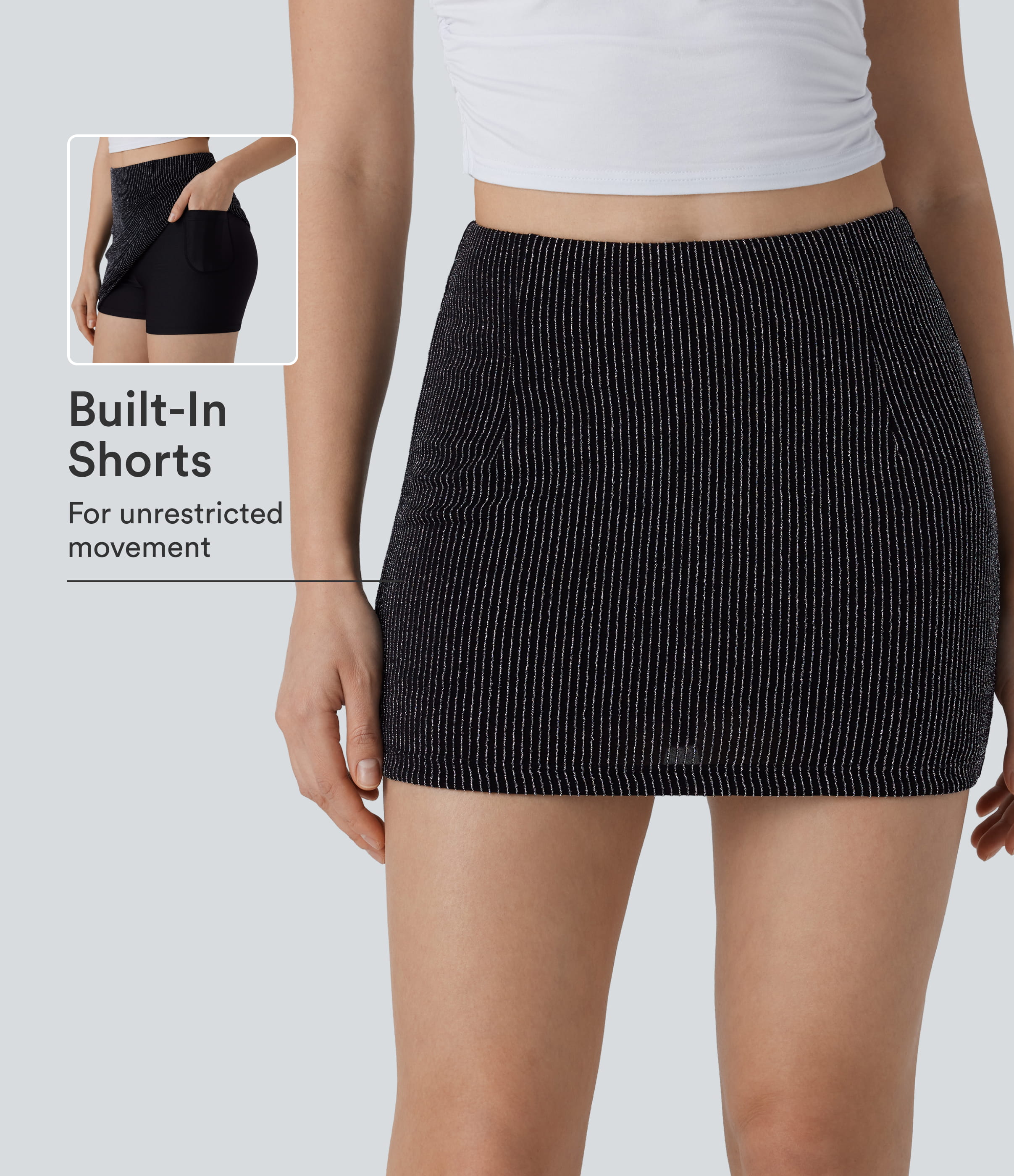 High Waisted 2-in-1 Pocket Sparkle Bodycon Mini Casual Skirt
