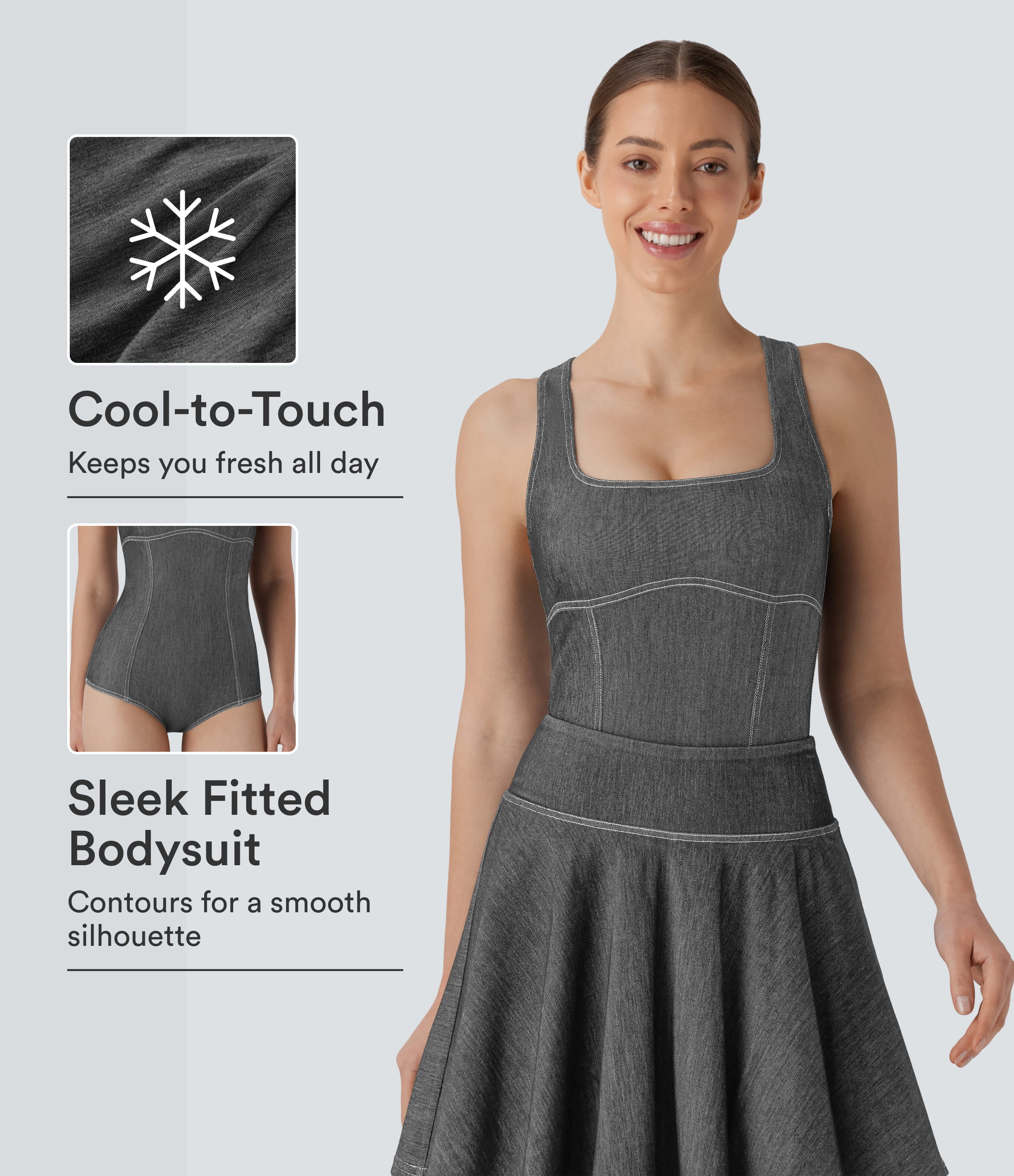 Halara Flex™ Square Neck Racerback Cool Touch Washed Denim Tennis Bodysuit