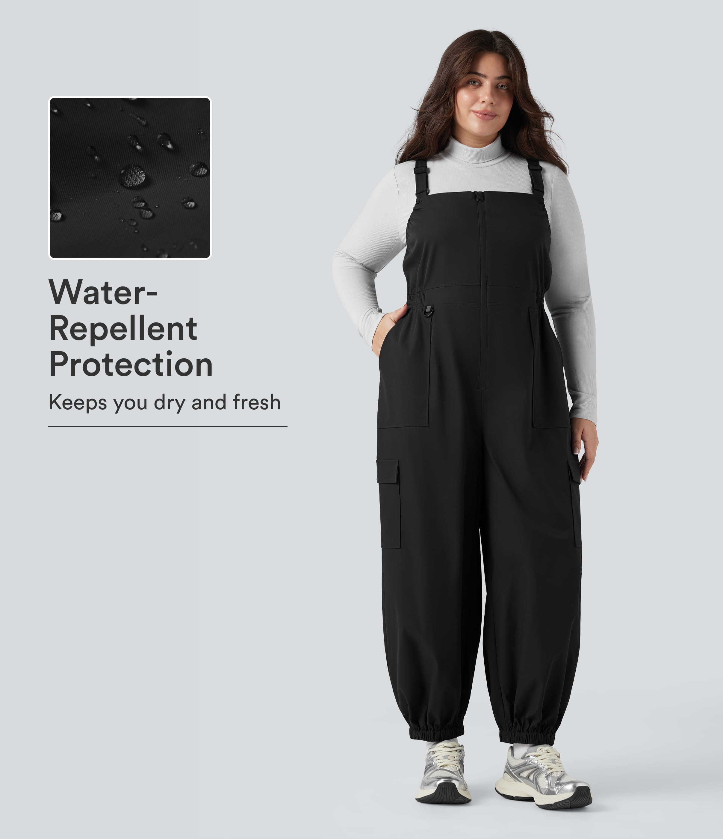 Black Water Repellent Wear-Resistant Zipper Pockets Hiking Plus Size Overalls / 1