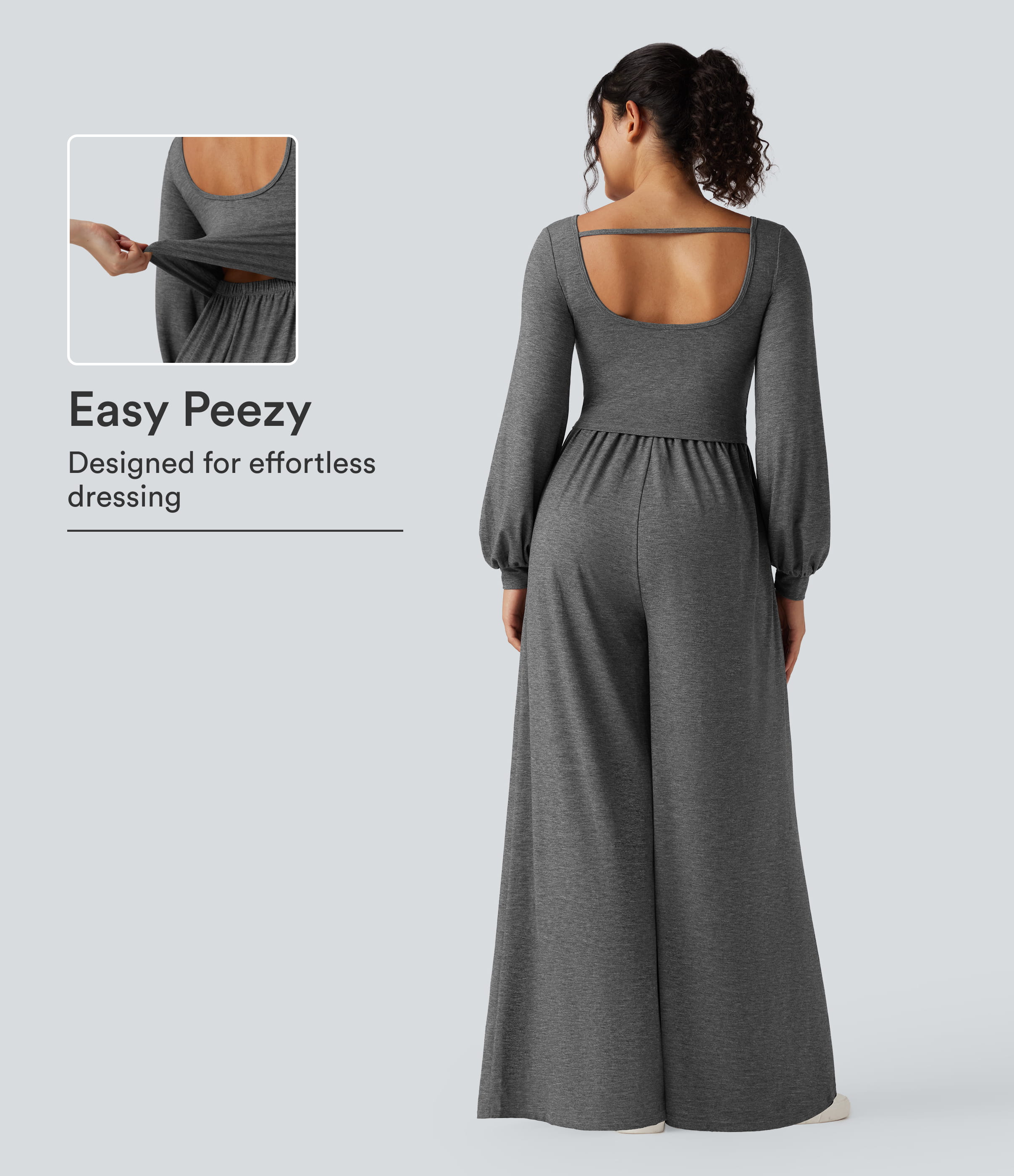 Jumpsuit mit weitem U-Ausschnitt, rückenfrei, langen Ärmeln, meliertem Stoff, lässigem Schnitt, weitem Bein und Taschen - kinderleicht