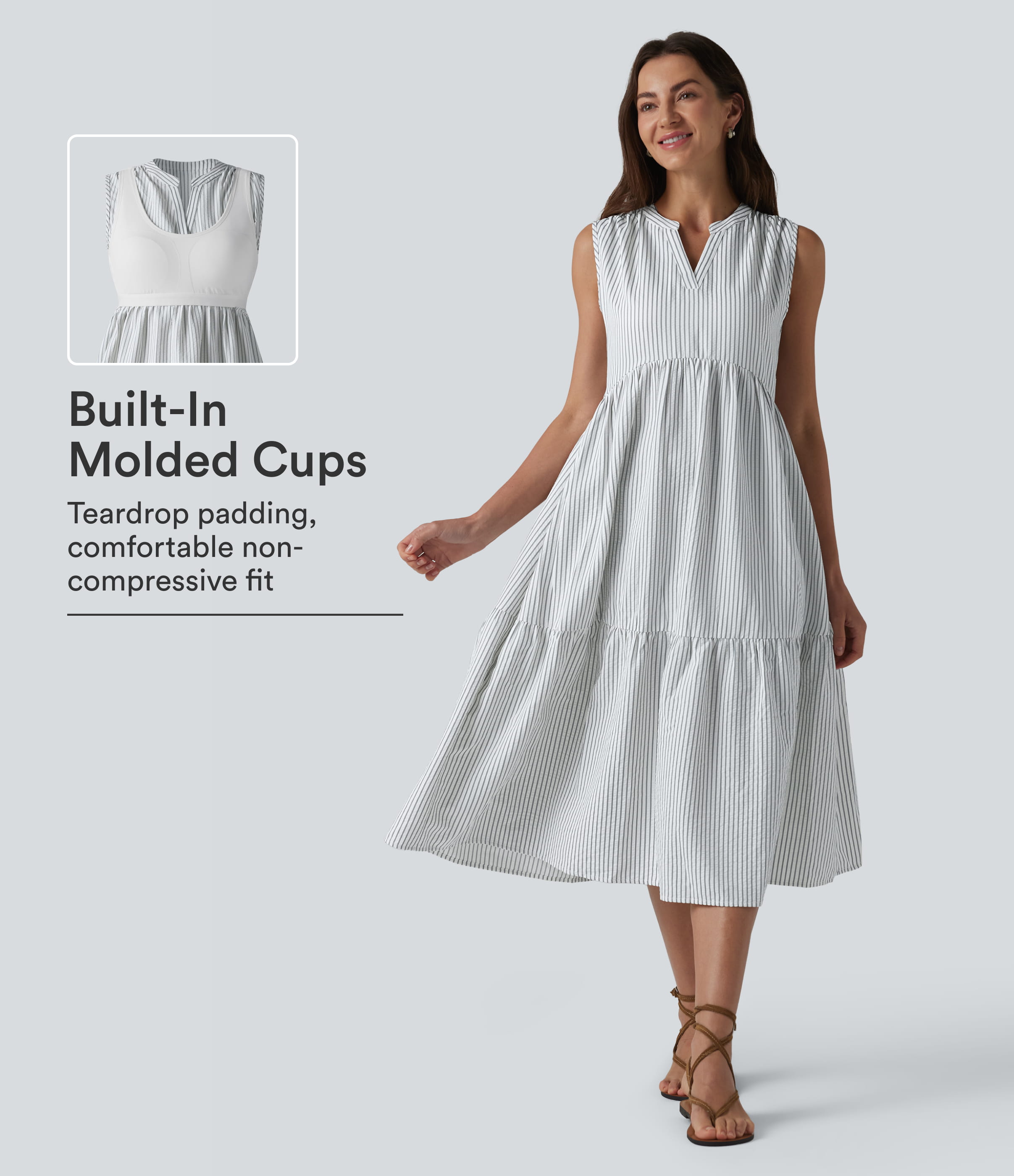 V Neck Built-in Bra Sleeveless Stripe Midi Dress