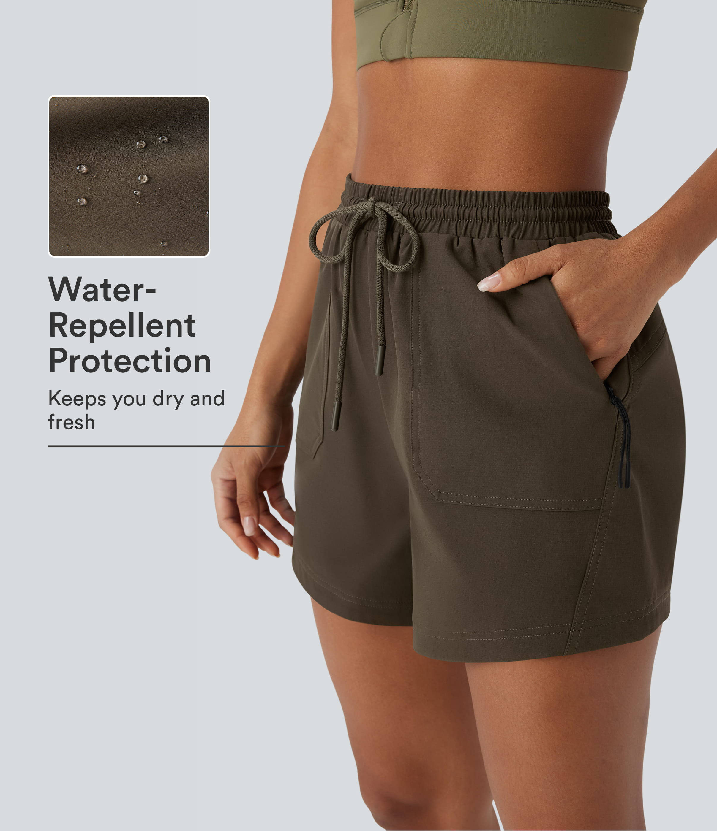 Water Repellent High Waisted Drawstring Hiking Shorts With Side Zipper Pockets