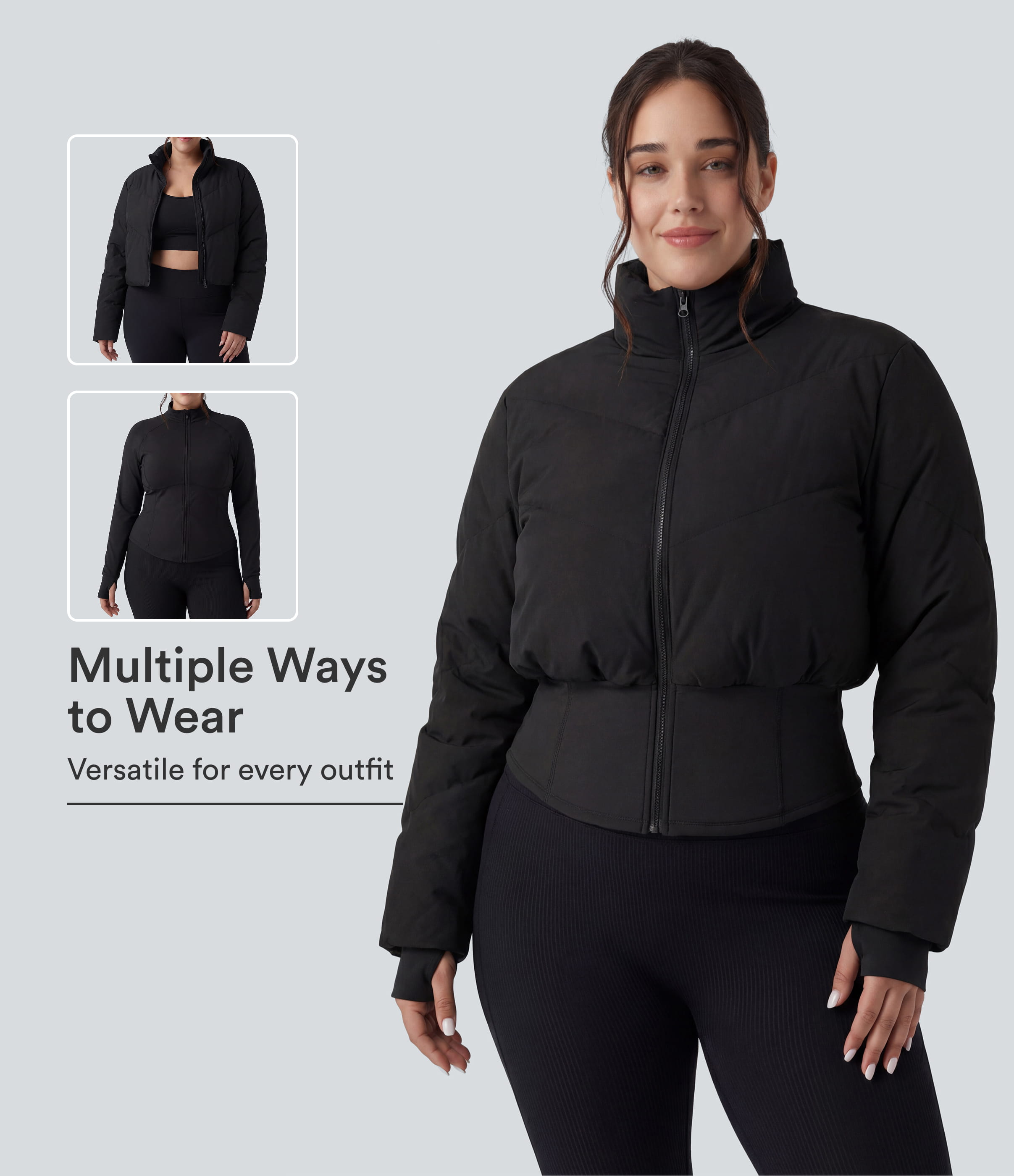 PuffFlex Plus Size 3-in-1 Stand Collar Casual Cropped Puffer Coat & Thumb Holes Curved Hem Jacket with Pockets