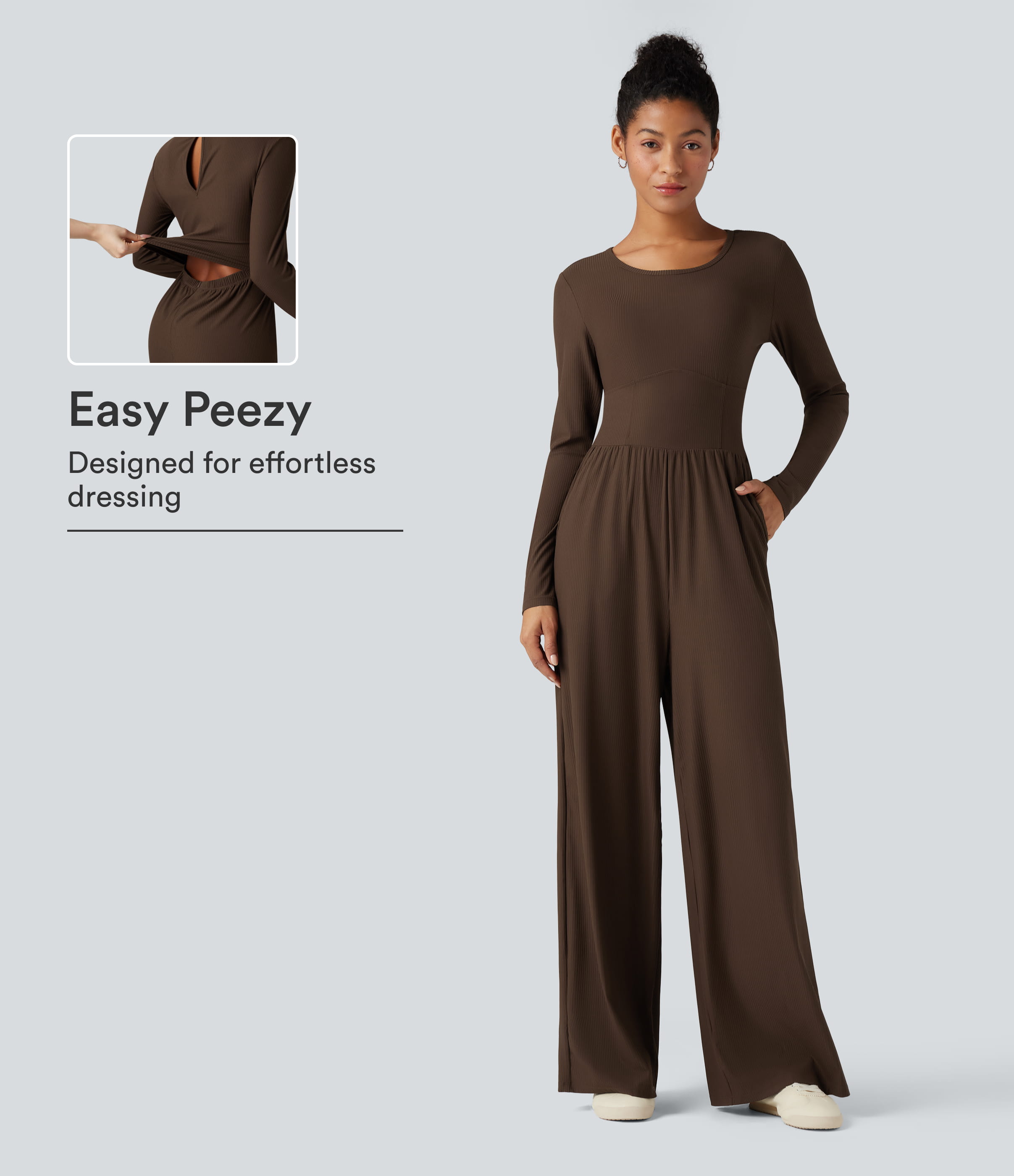Ribbed Round Neck Long Sleeve Corset Casual Jumpsuit with Pockets-Easy Peezy Edition