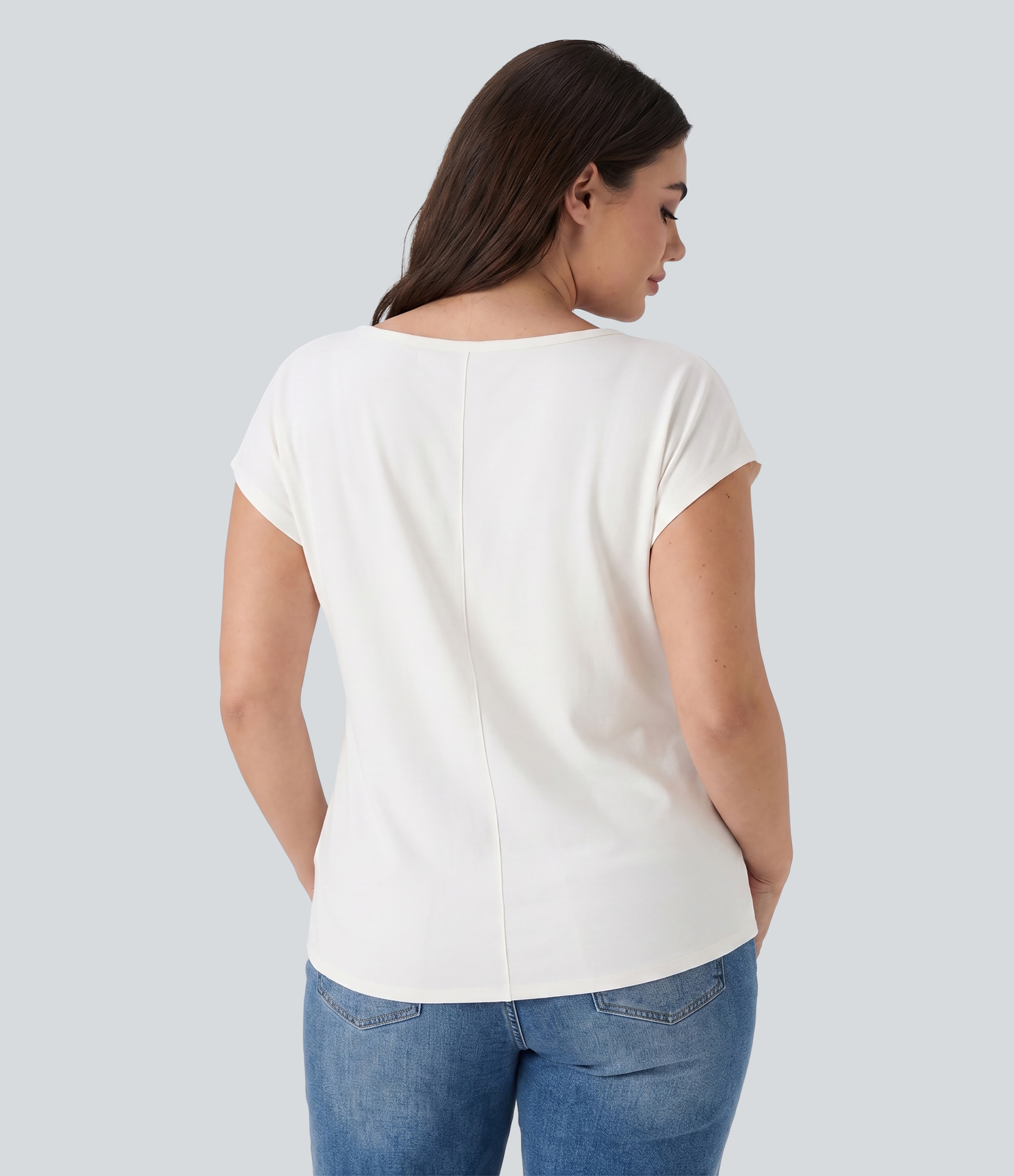 Blanc T-shirt grande taille décontracté à col en V et manches courtes / 2