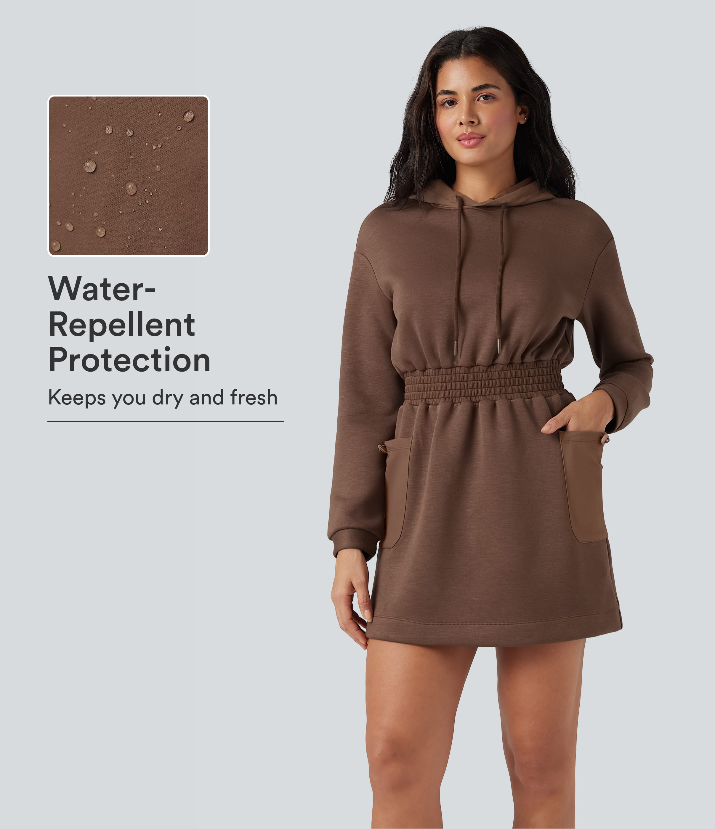 SpacerTek™ Hooded Drawstring Long Sleeve Mini Hiking Active Dress with Pockets