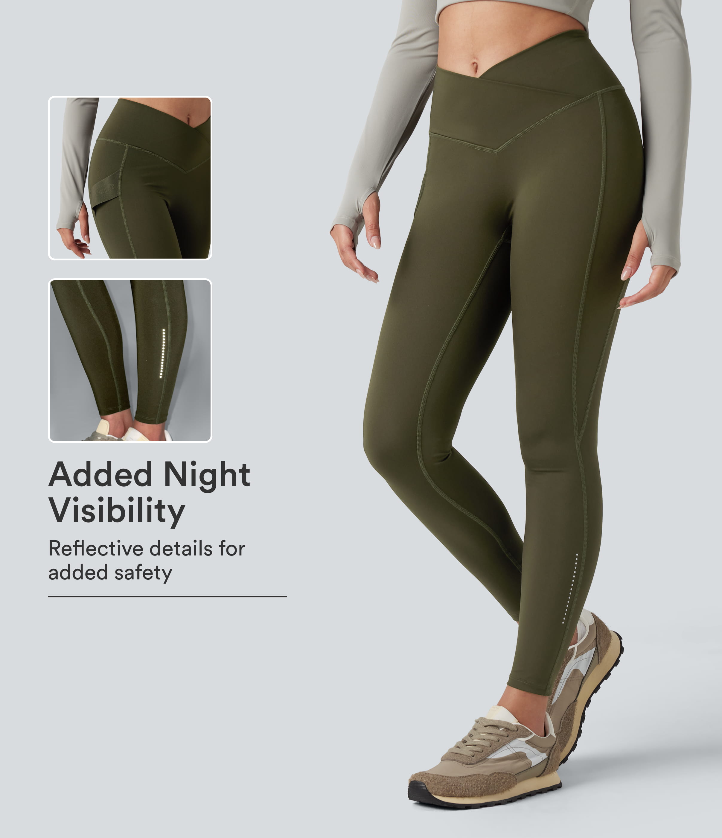 Twilight Green Wear-Resistant Reflective Crossover High Waisted Hiking 7/8 Leggings with Pocket / 1