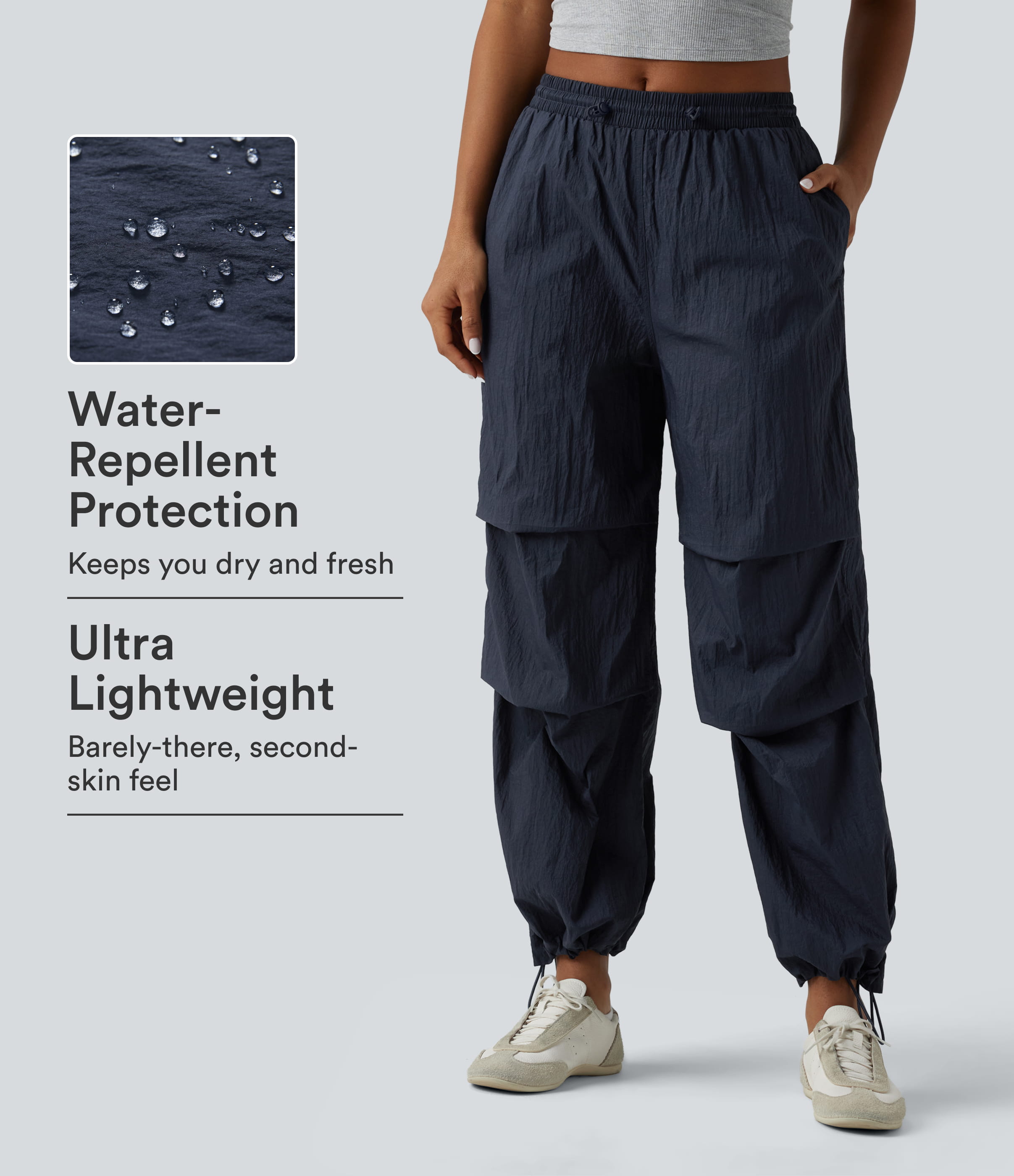 Lightweight Durable Water Repellent Mid Rise Straight Leg Casual Parachute Joggers with Pockets