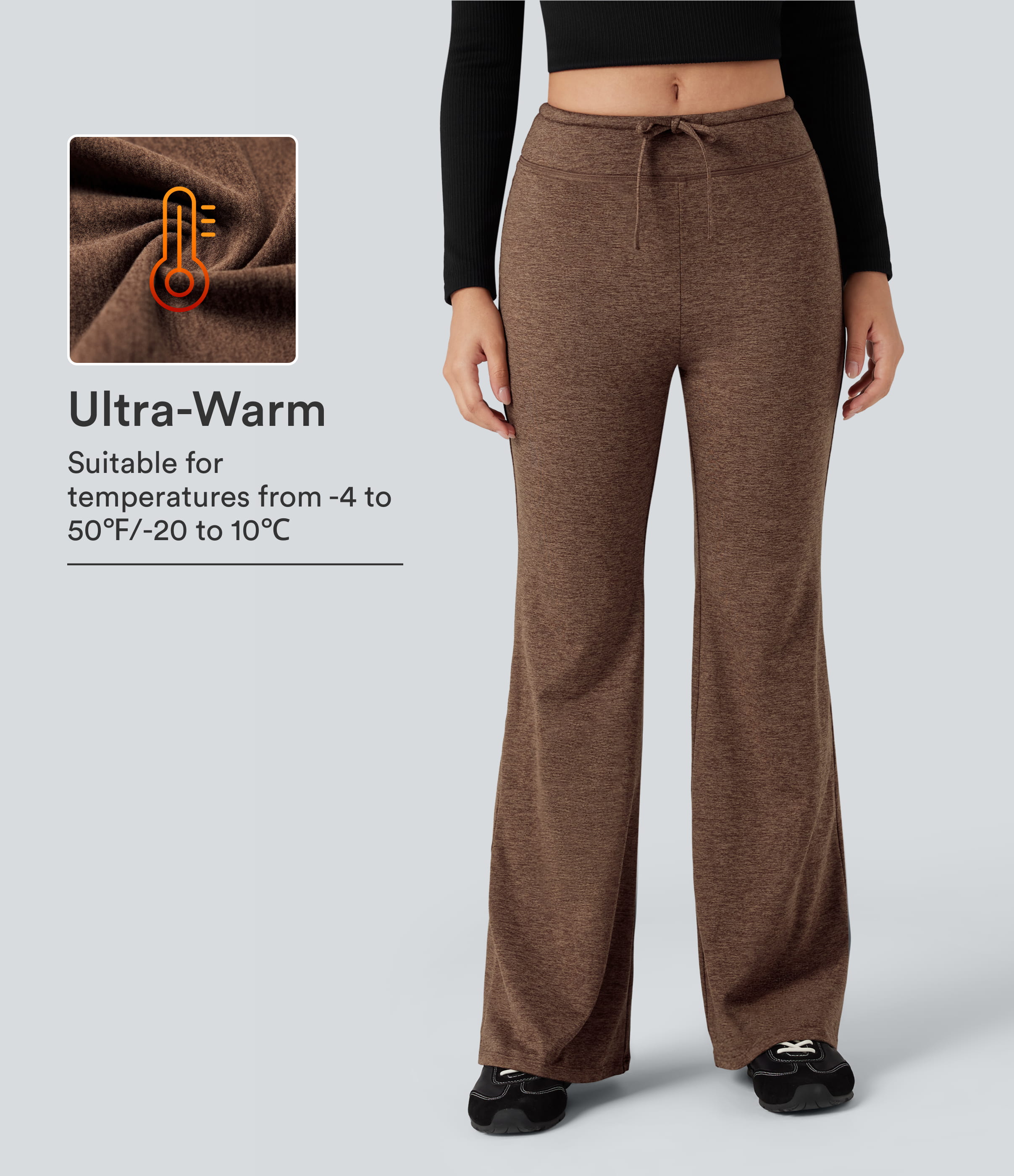 Mid Rise Drawstring Quick Dry Fleece Heathered Flare Lounging Pants-UPF40+