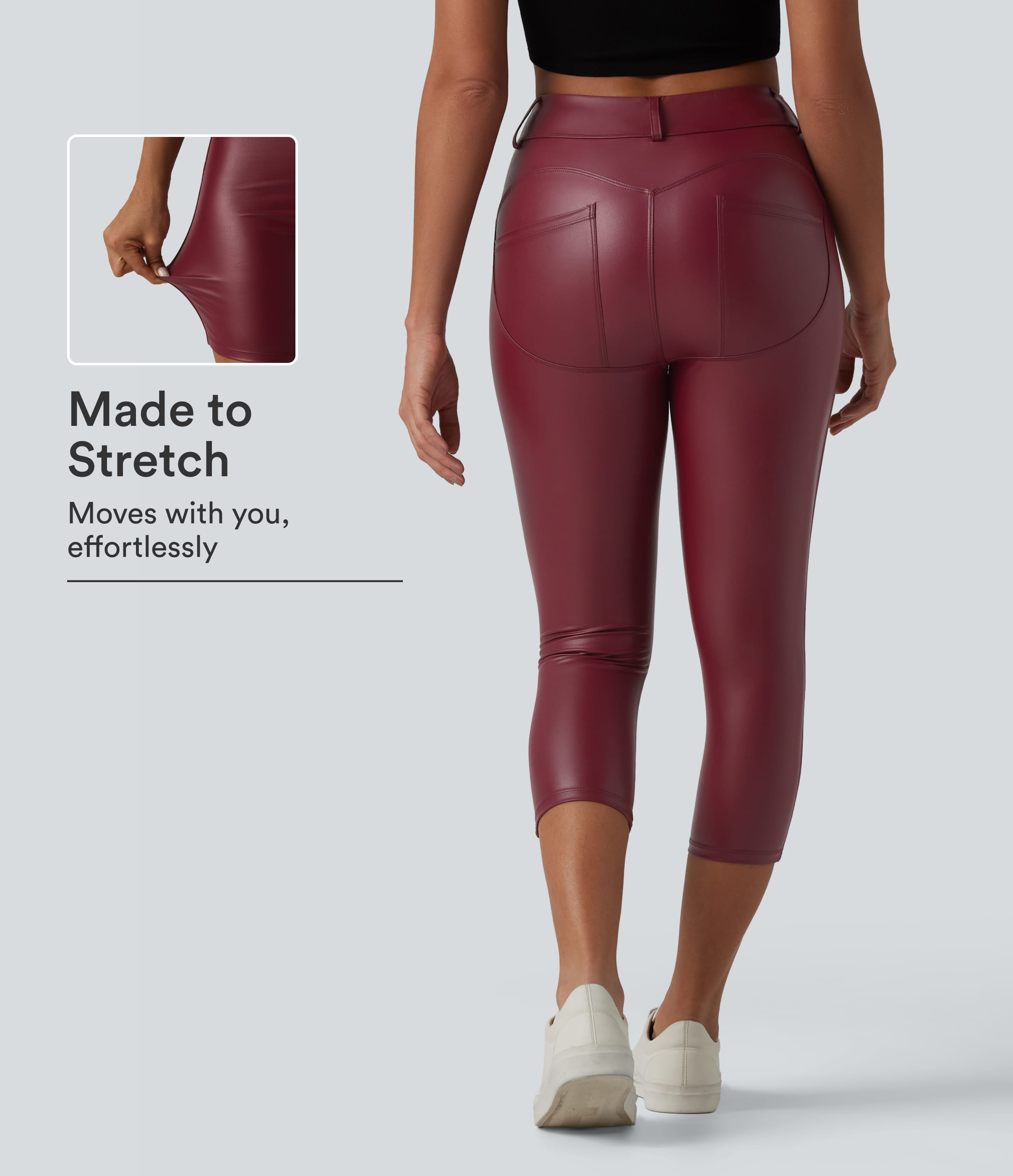Leggings capri décontractés taille haute en PU extensible avec poches