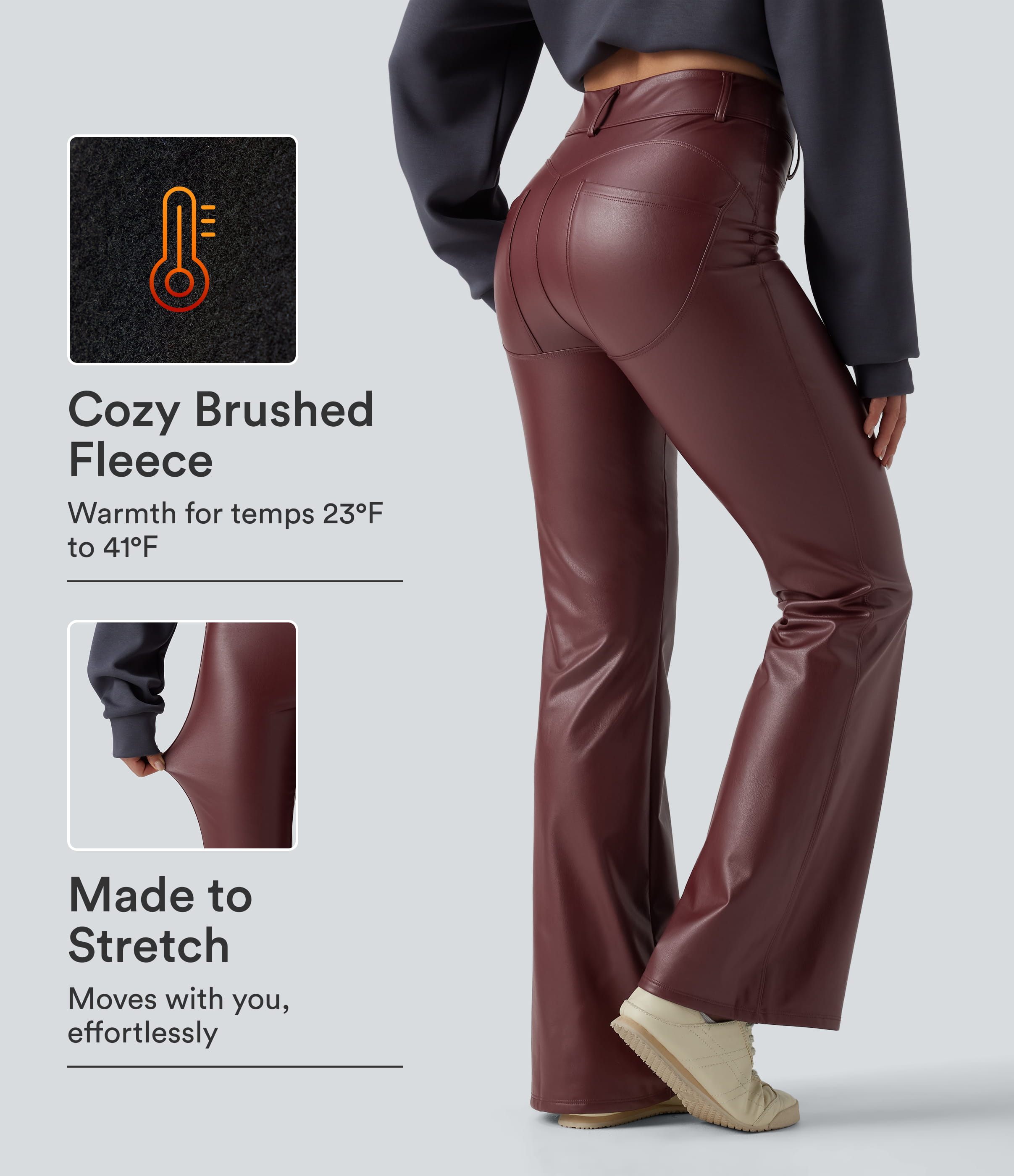 High Waisted Stretchy PU Fleece Casual Flare Pants with Pockets