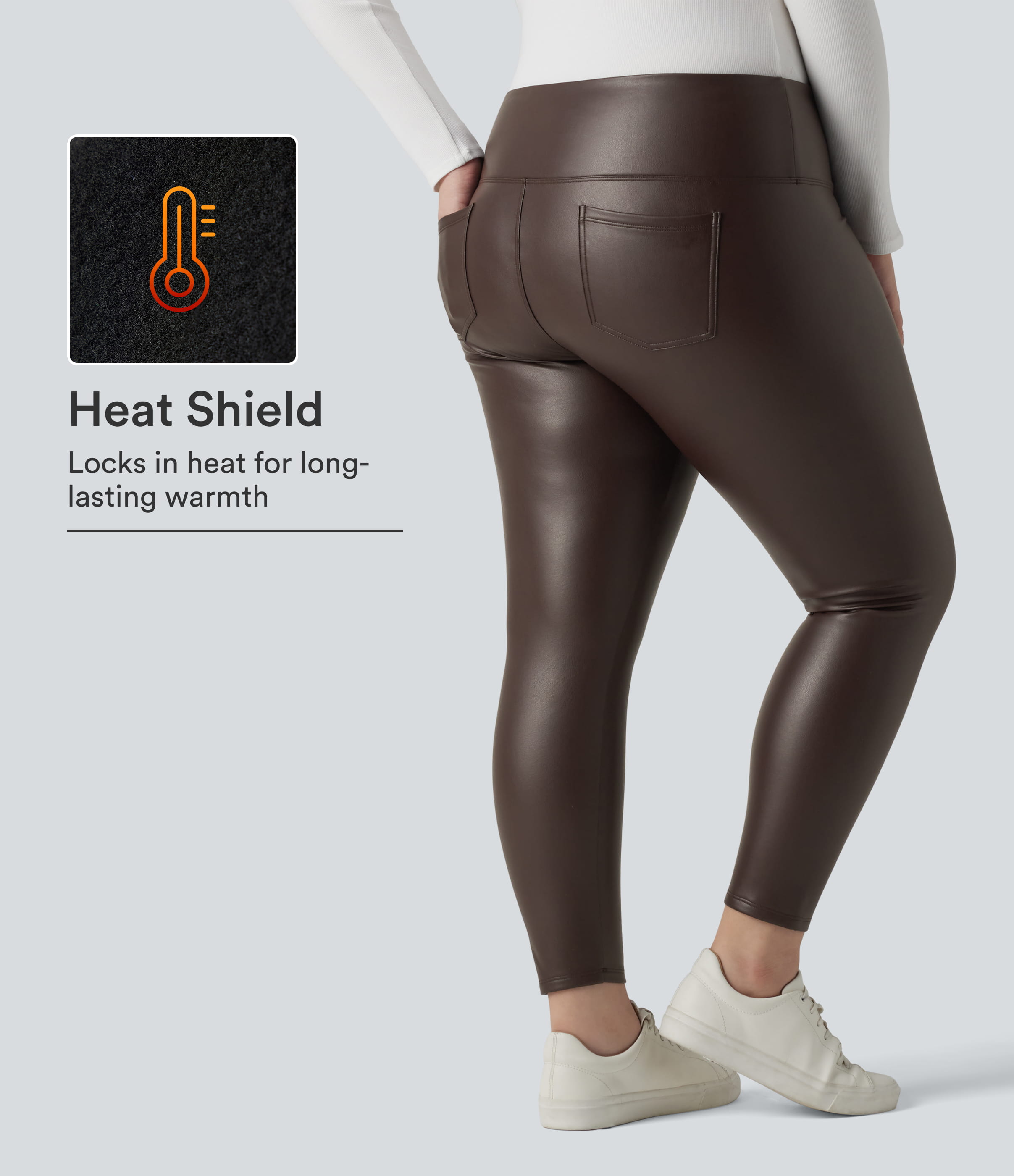 Plus Size High Waisted Tummy Control Stretchy PU Fleece 7/8 Skinny Casual Leggings with Pockets