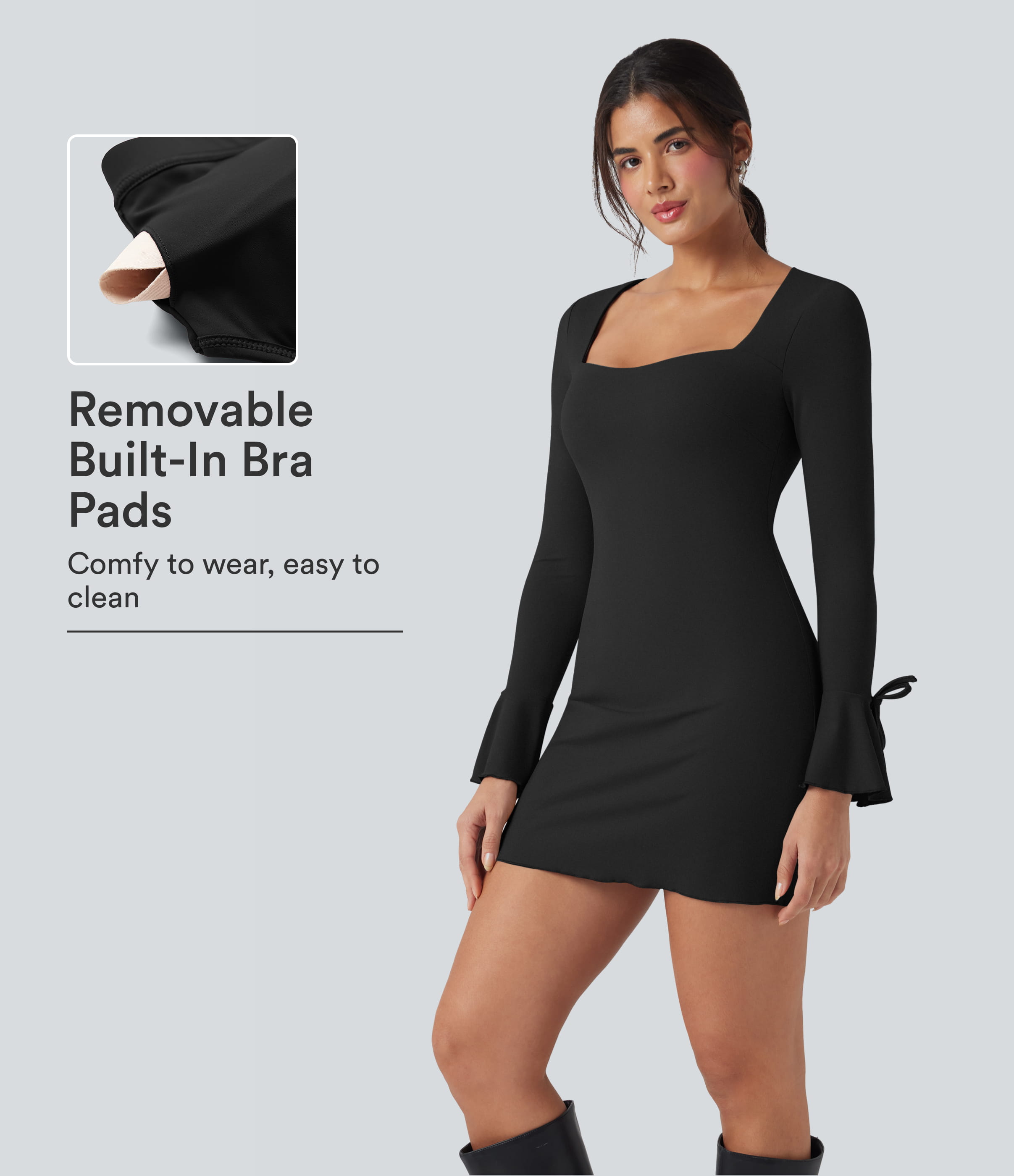 Noir Robe mini décontractée à encolure carrée, laçage, volants et manches longues / 1