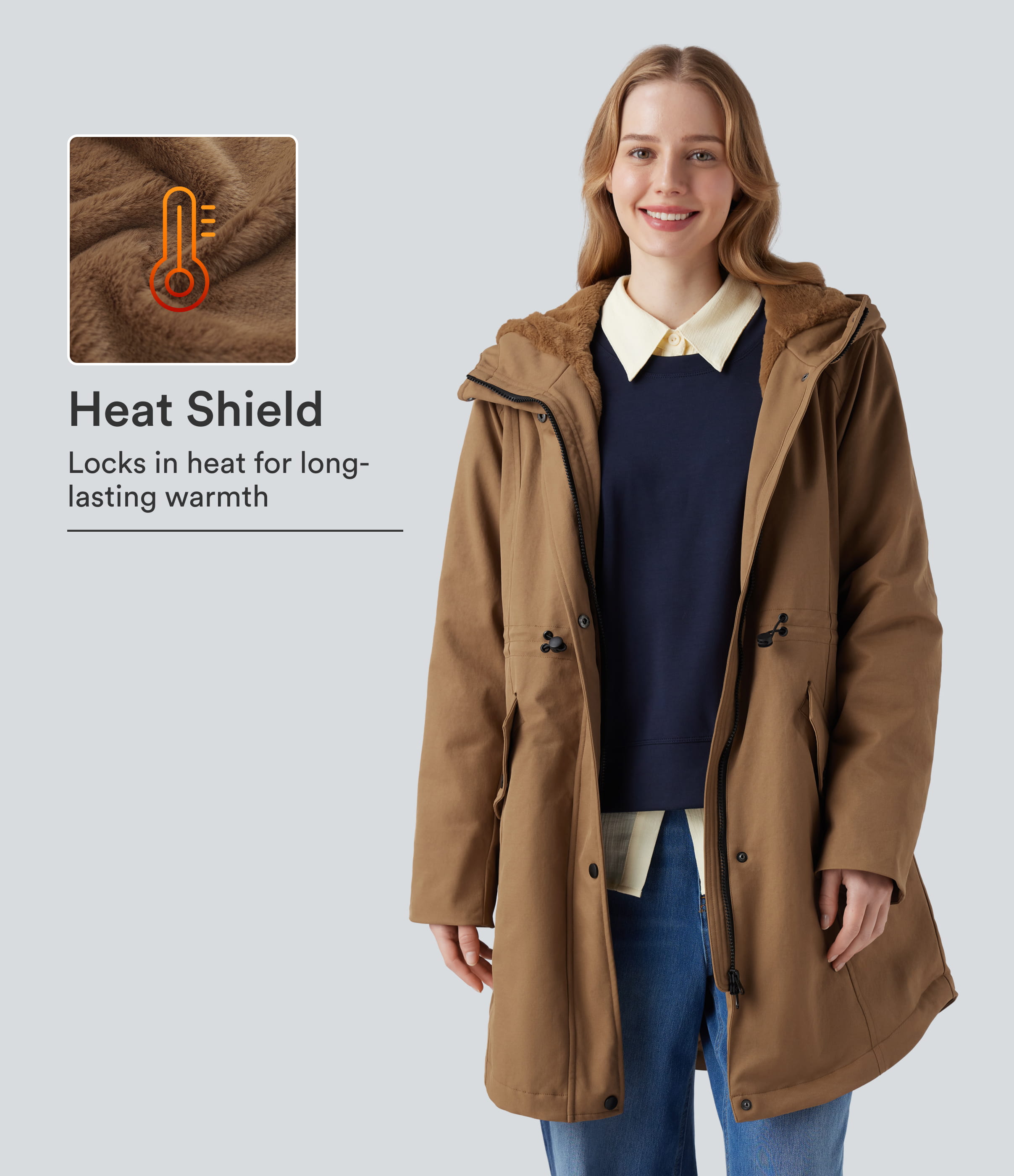 Hooded Drawstring Fleece Casual Parka Sherpa Jacket with Pockets