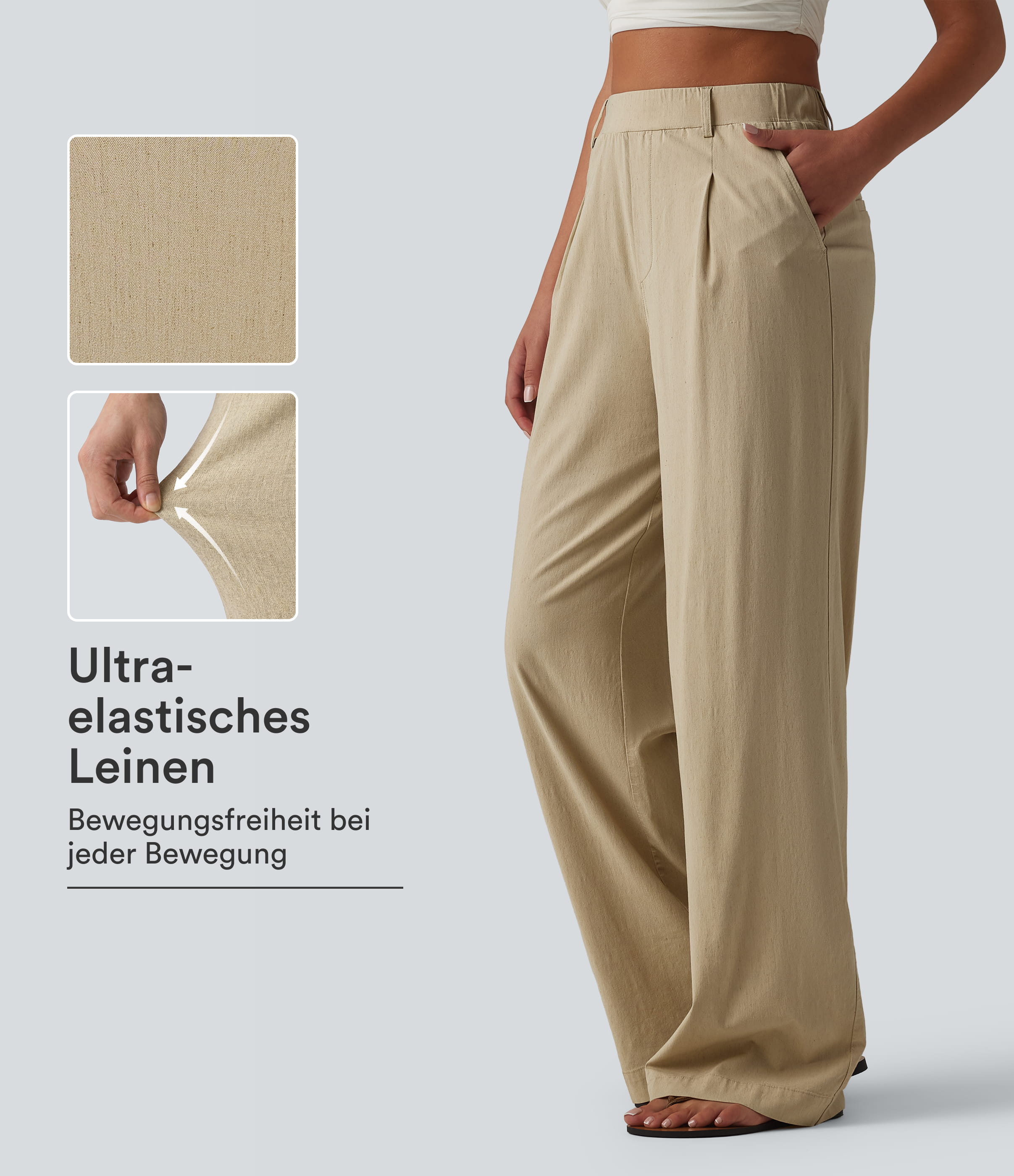 Lässige Hose aus elastischem Leinen mit hohem Bund, Seitentaschen und geradem Bein