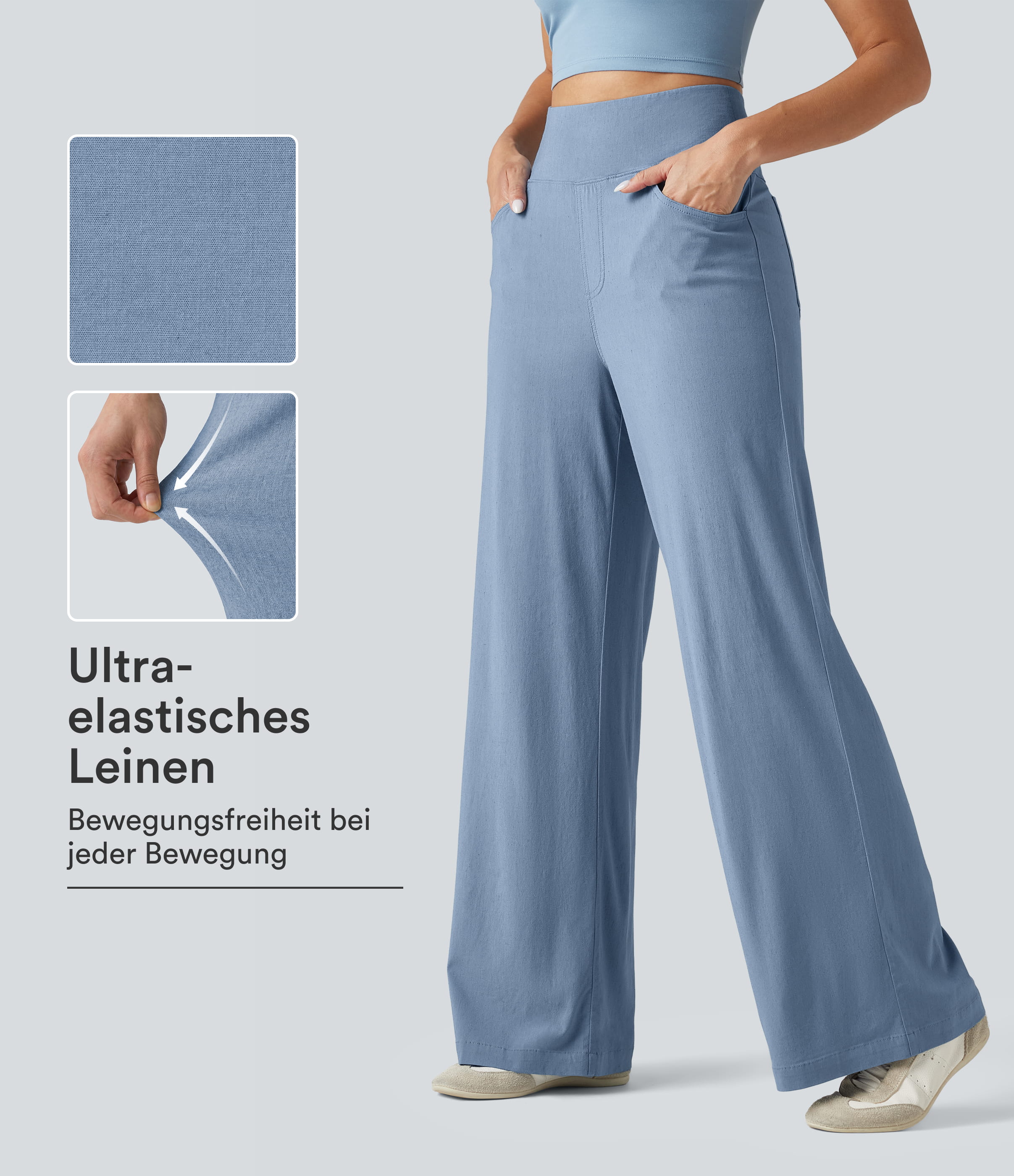 Lässige Hose aus Stretch-Leinen mit hohem Bund, mehreren Taschen, Bauchkontrolle und weitem Bein