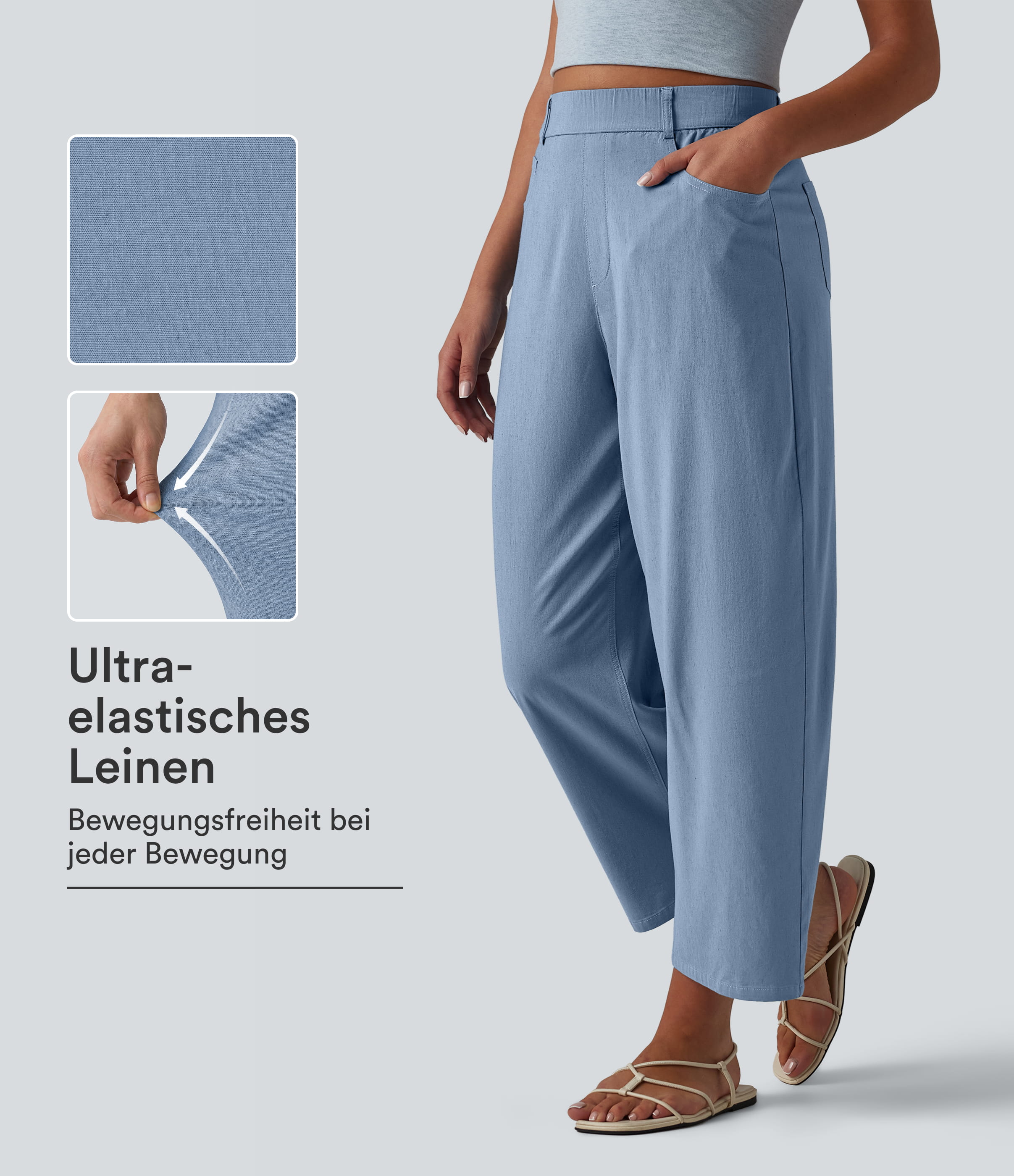 Lässige Hose aus elastischem Leinen mit hohem Bund, mehreren Taschen und Barrel-Leg