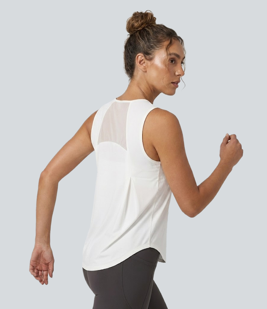 Contrast Mesh Curved Hem Running Tank Top