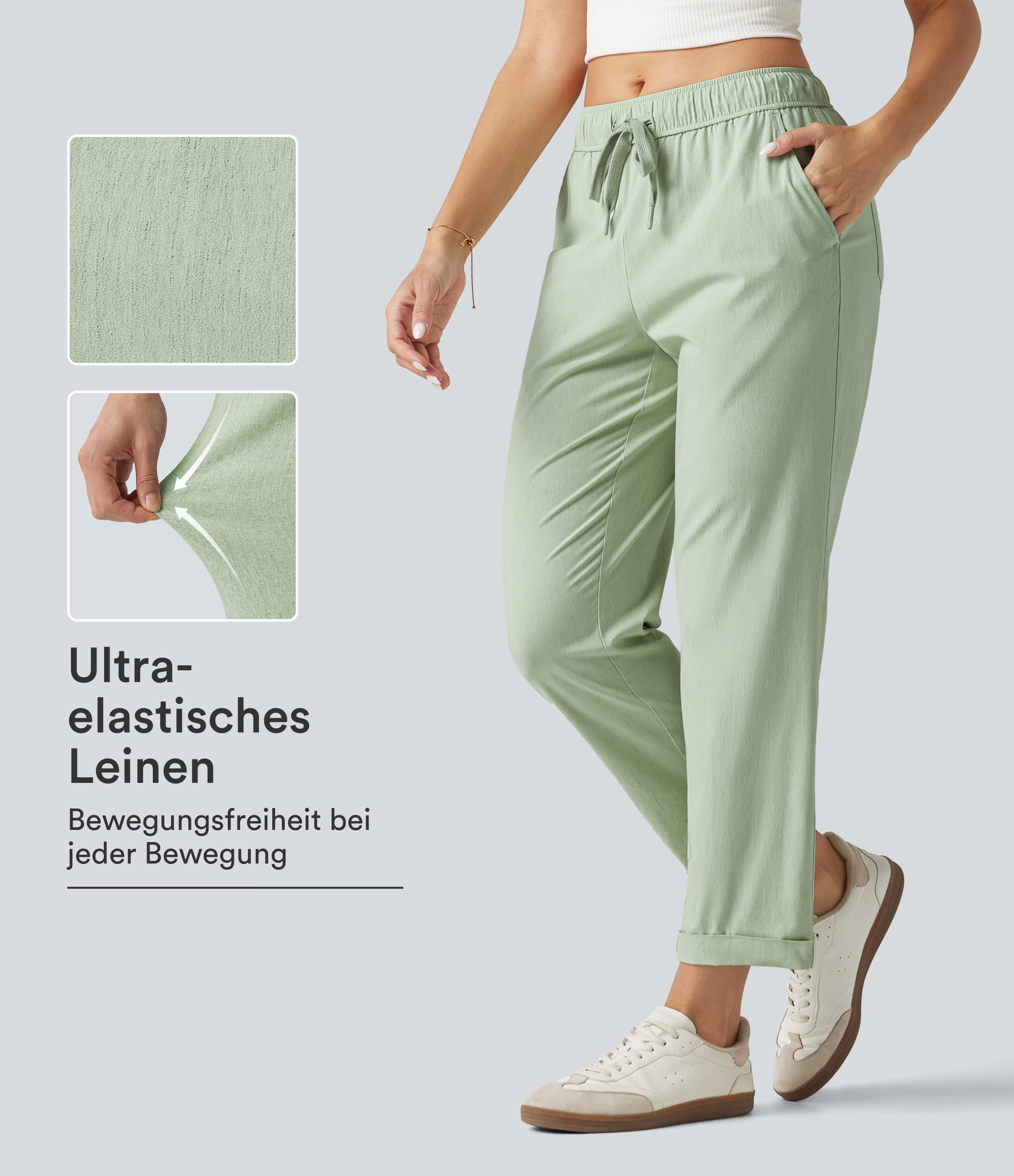 Lässige, schmal geschnittene Hose aus Stretch-Leinen mit mittelhohem Bund, mehreren Taschen und Kordelzug