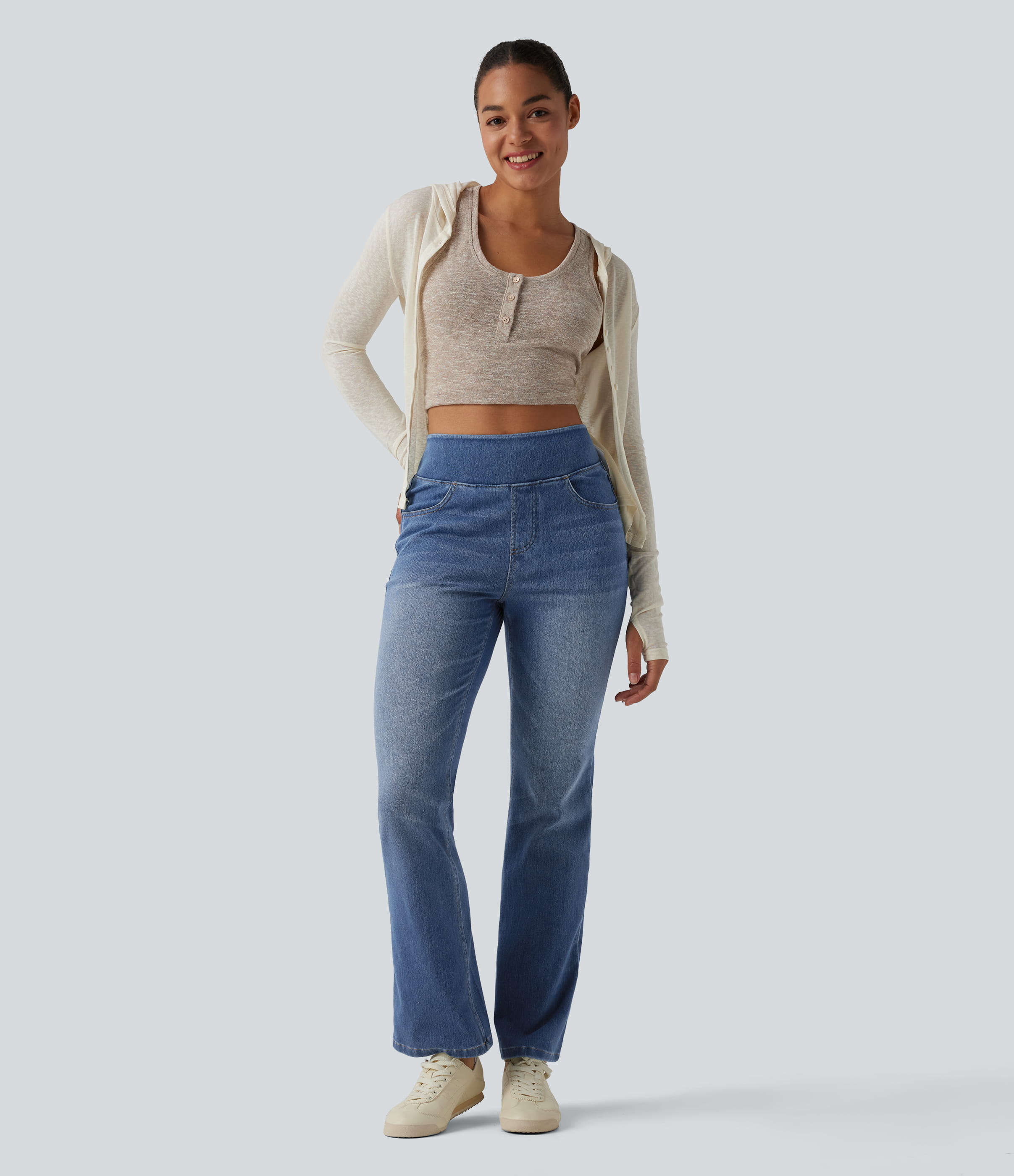Tide Blue Denim Jean Halara Flex™ Curvy taille haute bootcut délavé décontracté avec poches / 2