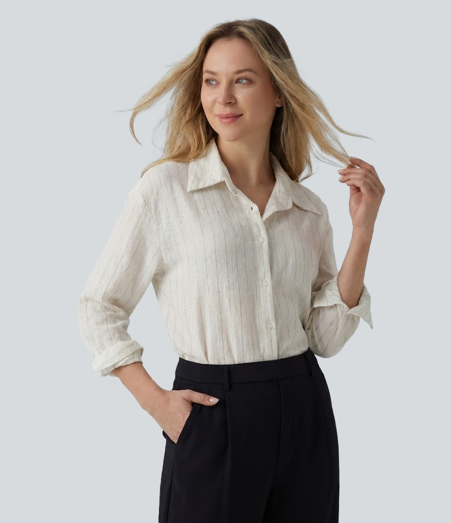 Long Sleeve Stripe Work Linen-Blend Shirt