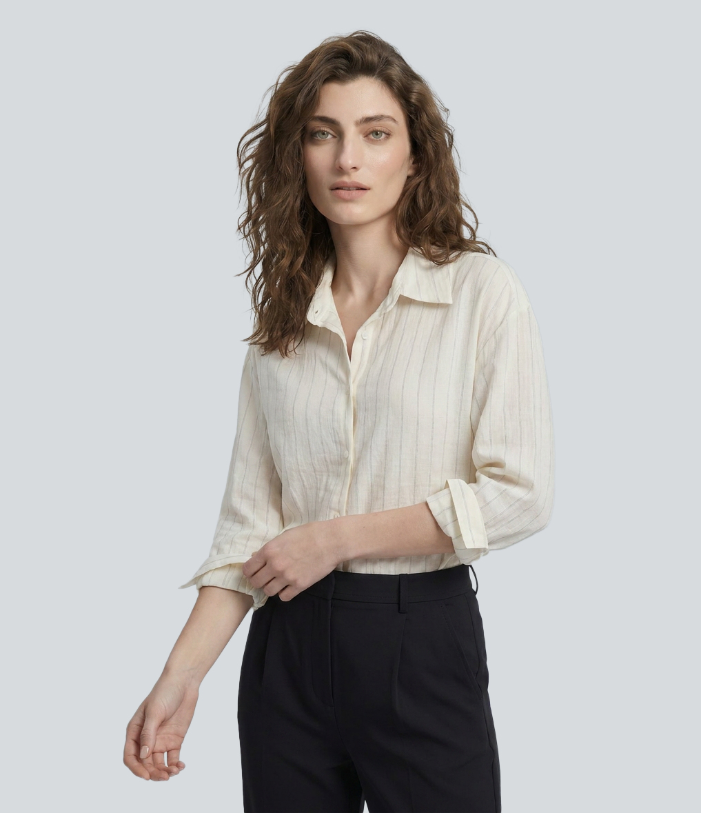 Long Sleeve Stripe Work Linen-Blend Shirt