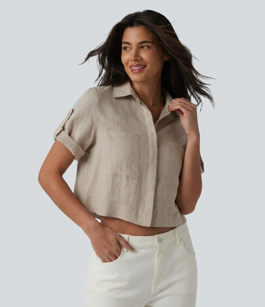 Roll Up Short Sleeve Cropped Casual Linen-Blend Shirt with Pockets