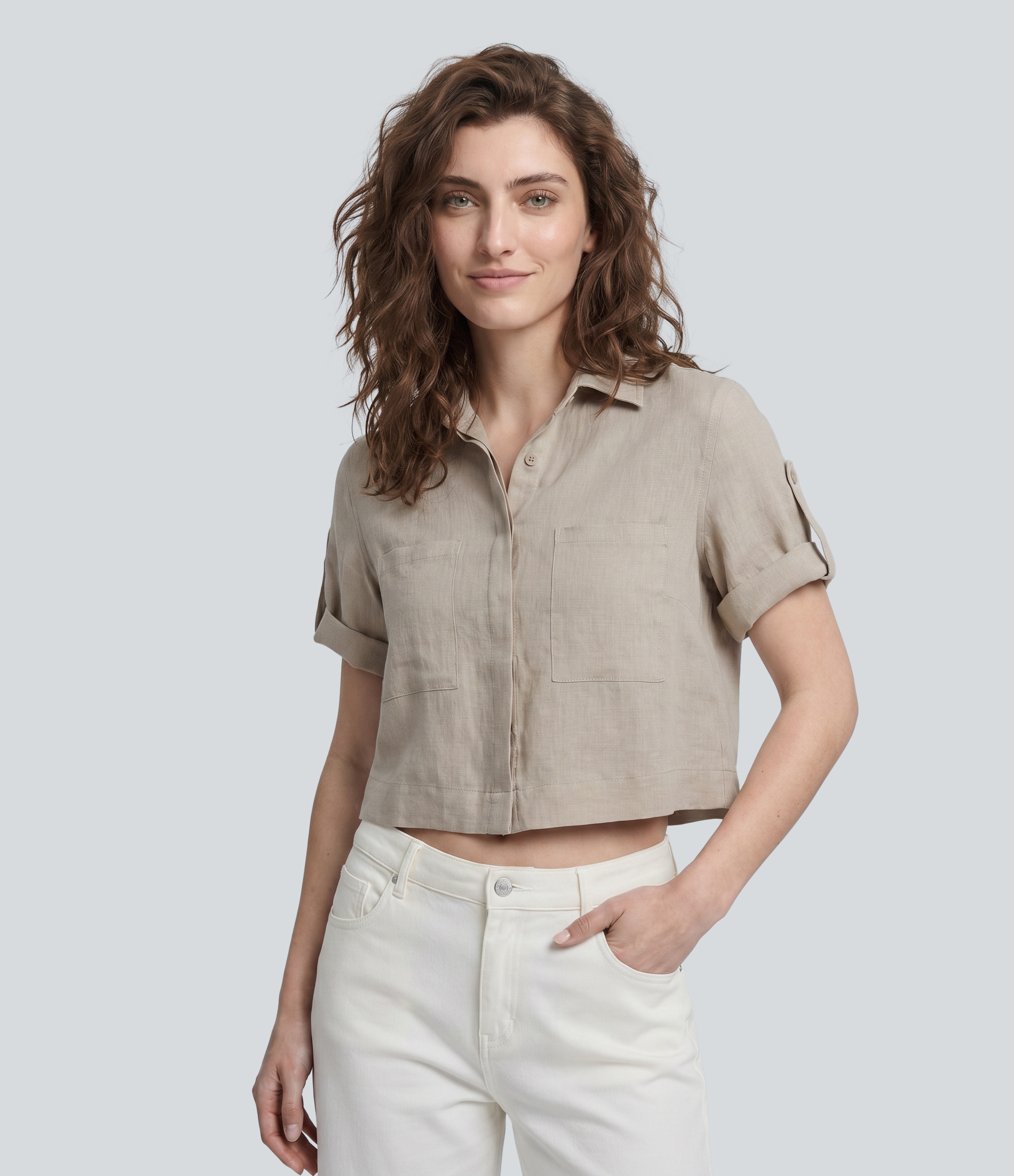 Roll Up Short Sleeve Cropped Casual Linen-Blend Shirt with Pockets