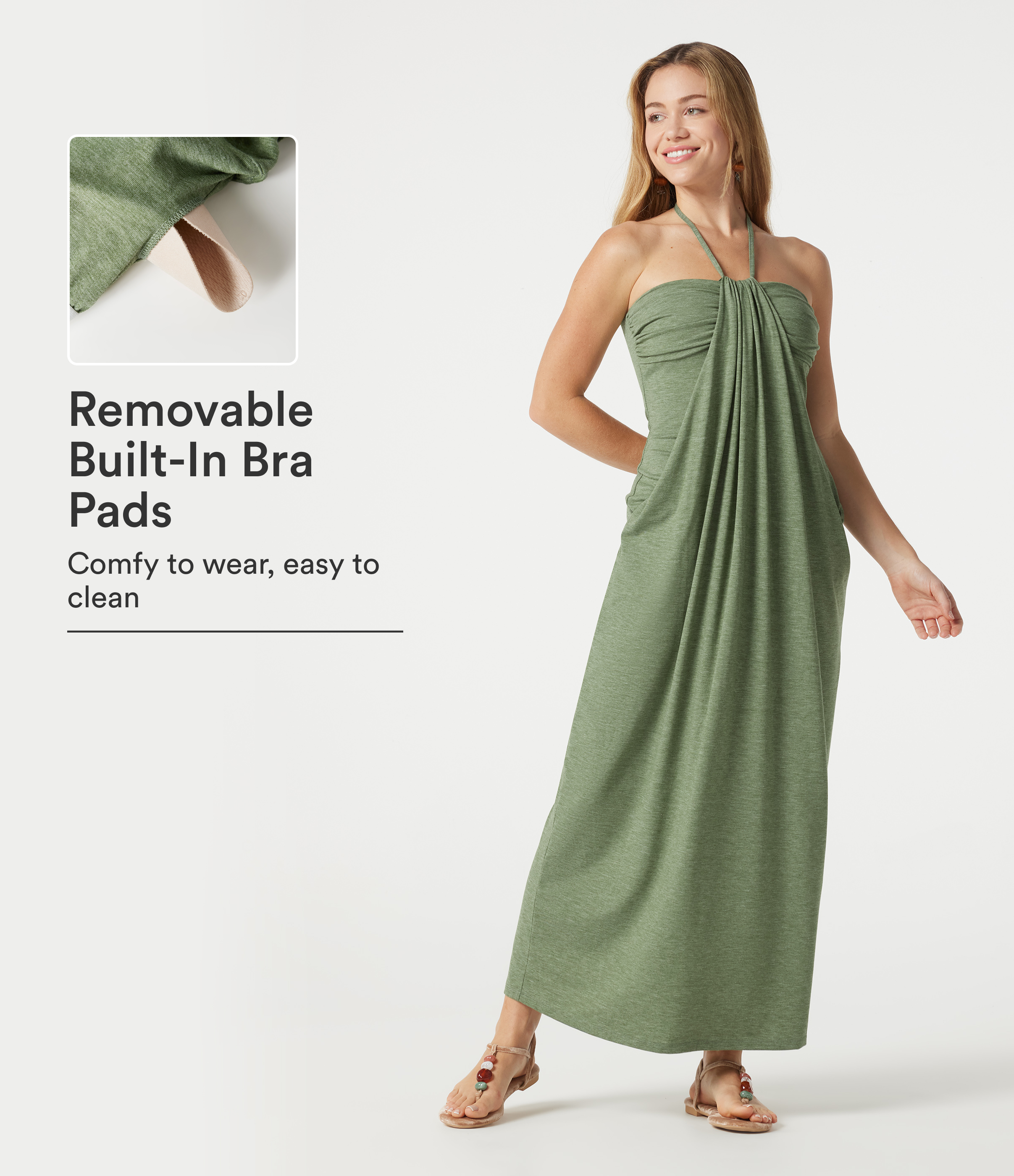 Halter Tie Back Built-in Bra  Heathered Maxi Dress with Pockets