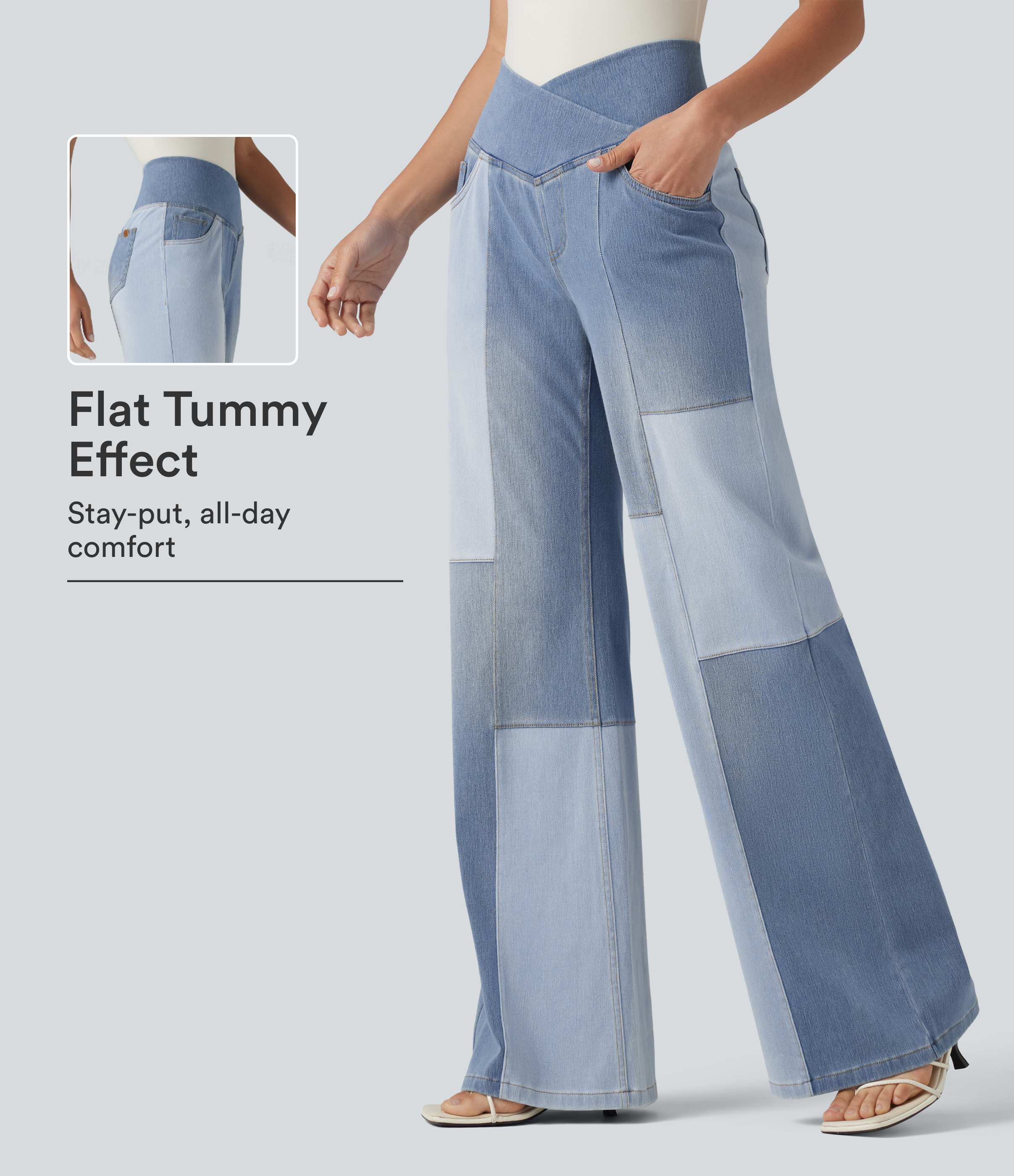 Halara Flex™ jeans casual bootcut de tiro alto cruzado con control de abdomen, con parches y bolsillos