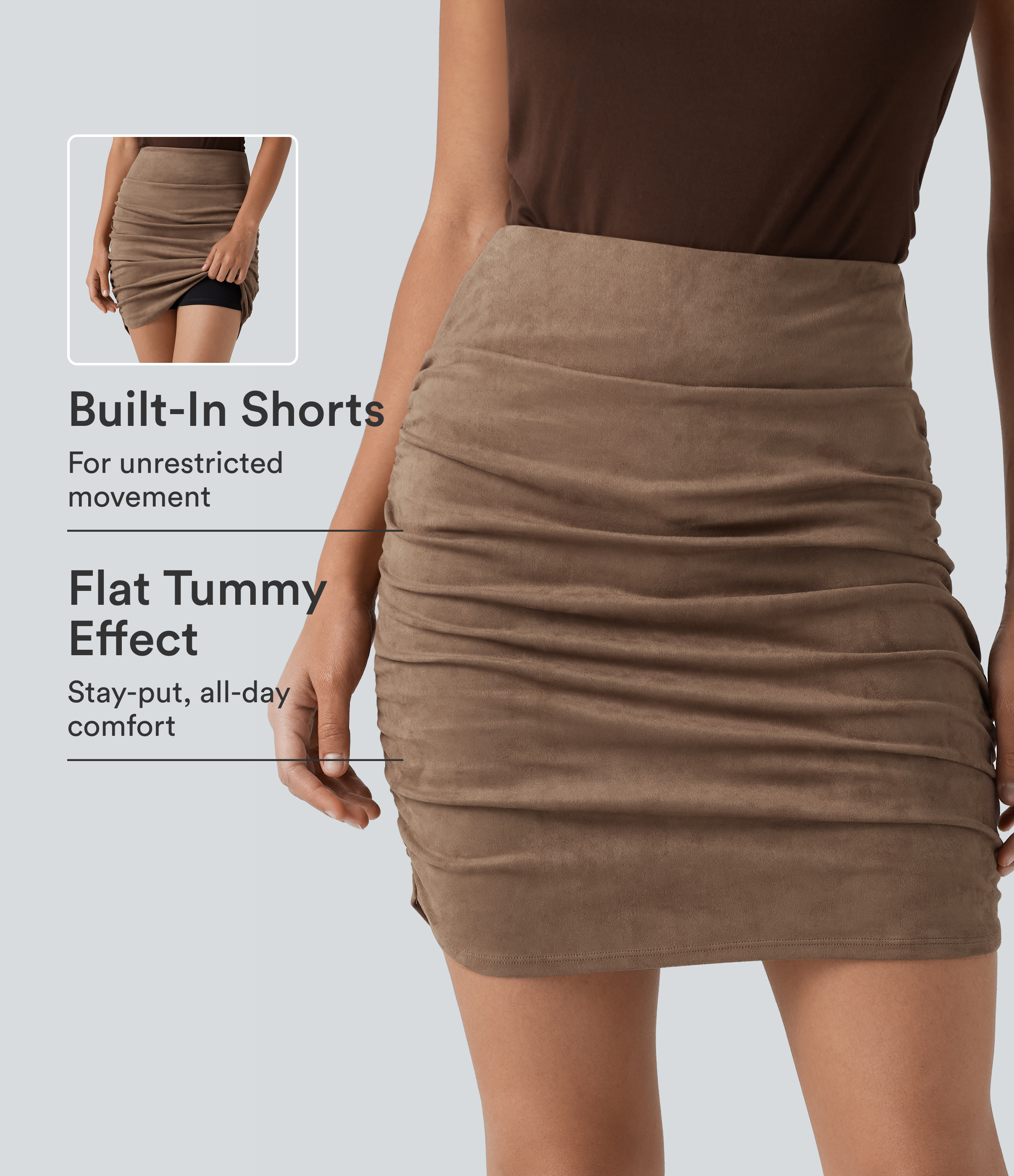 Minifalda de ante 2 en 1 de talle alto, control abdominal, fruncida con dobladillo curvo, corte bodycon - mayor longitud