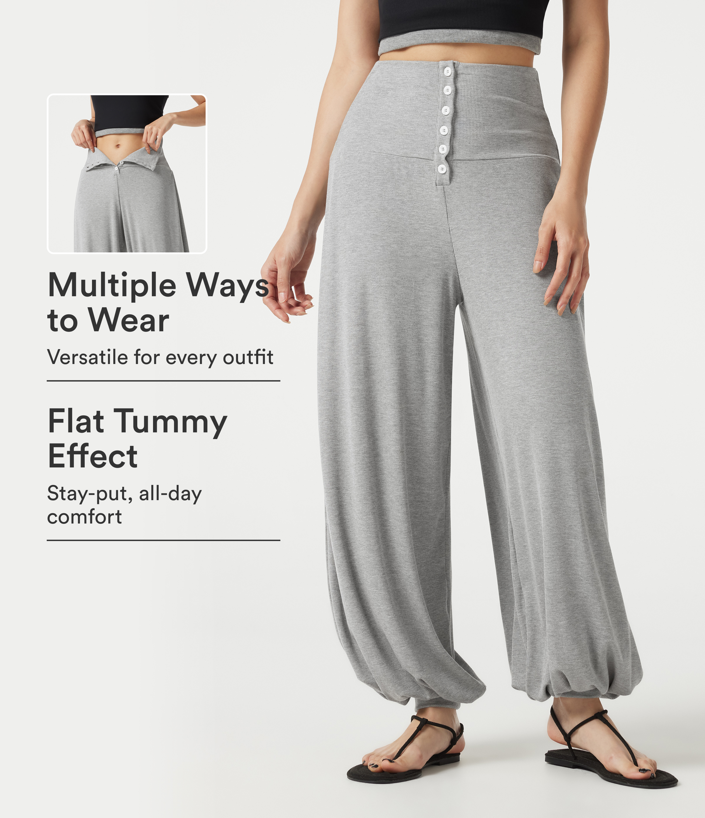 Joggers casual acanalados de tiro alto, de gran elasticidad, con control de abdomen y bolsillos