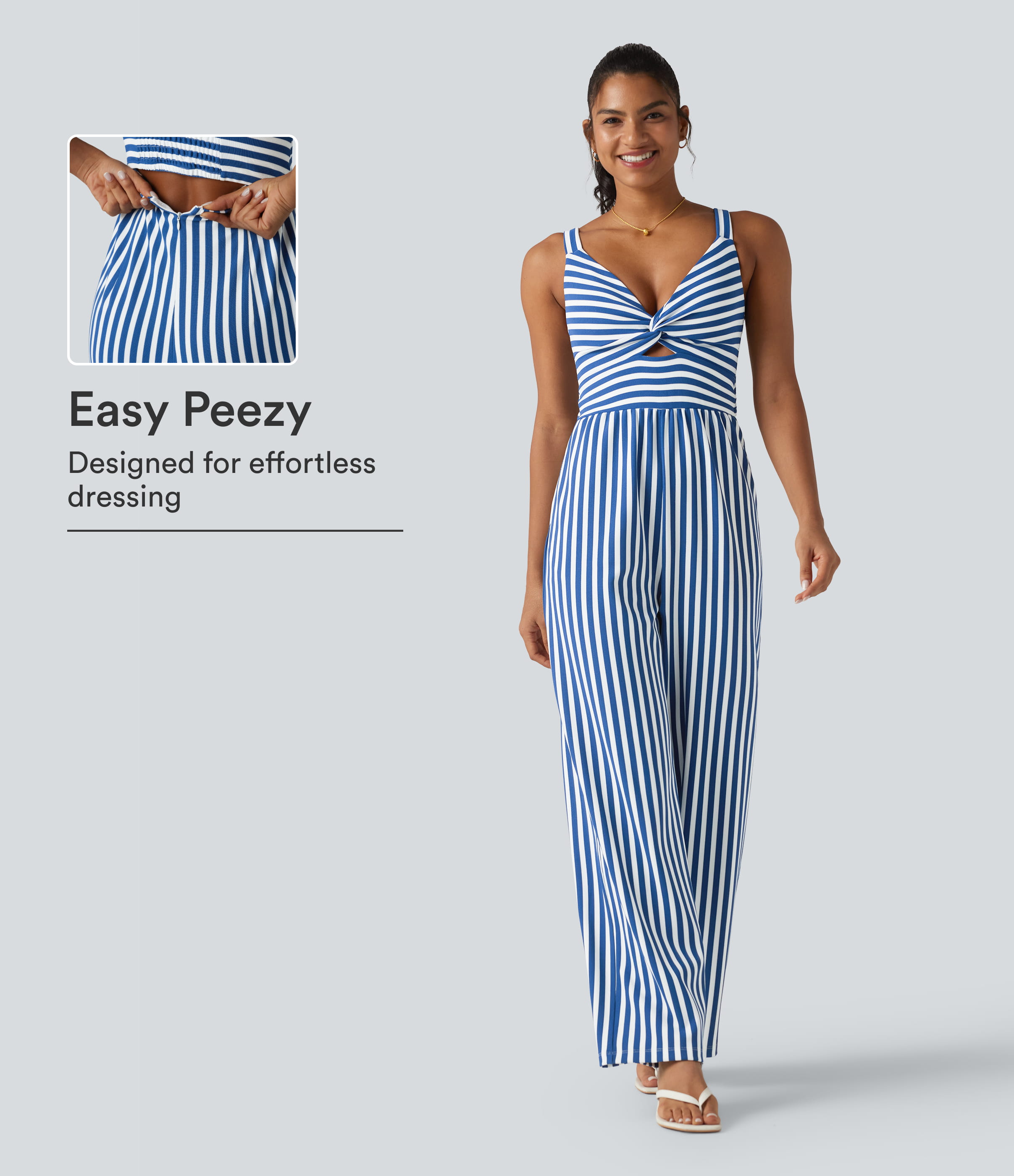 Sleeveless Twisted Shirred Invisible Zipper Built-in Bra Stripes Waffle Casual Jumpsuit with Pockets-Easy Peezy