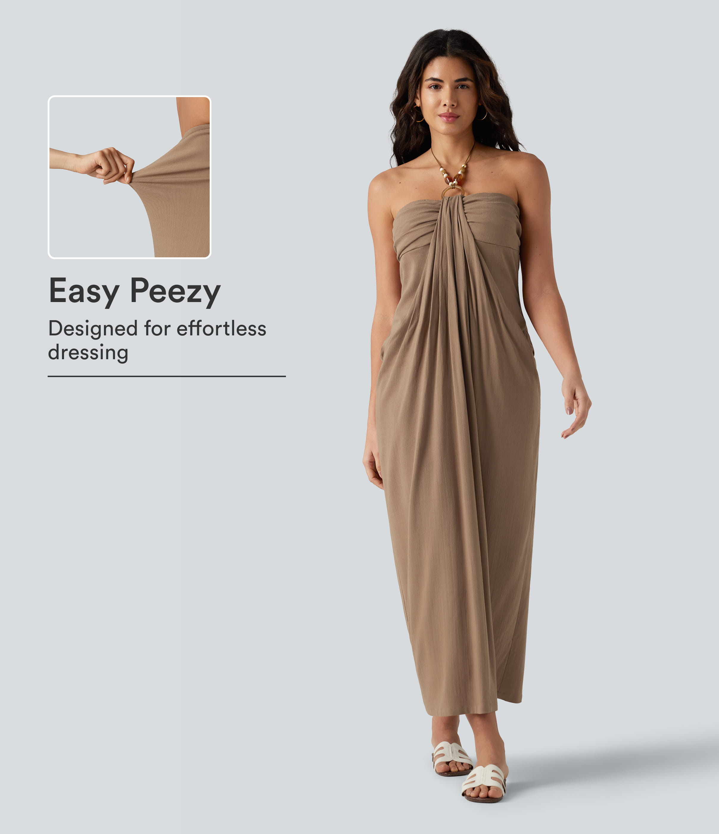 Vestido maxi estilo resort tipo halter con lazada en la espalda, sujetador integrado, efecto lino y bolsillos