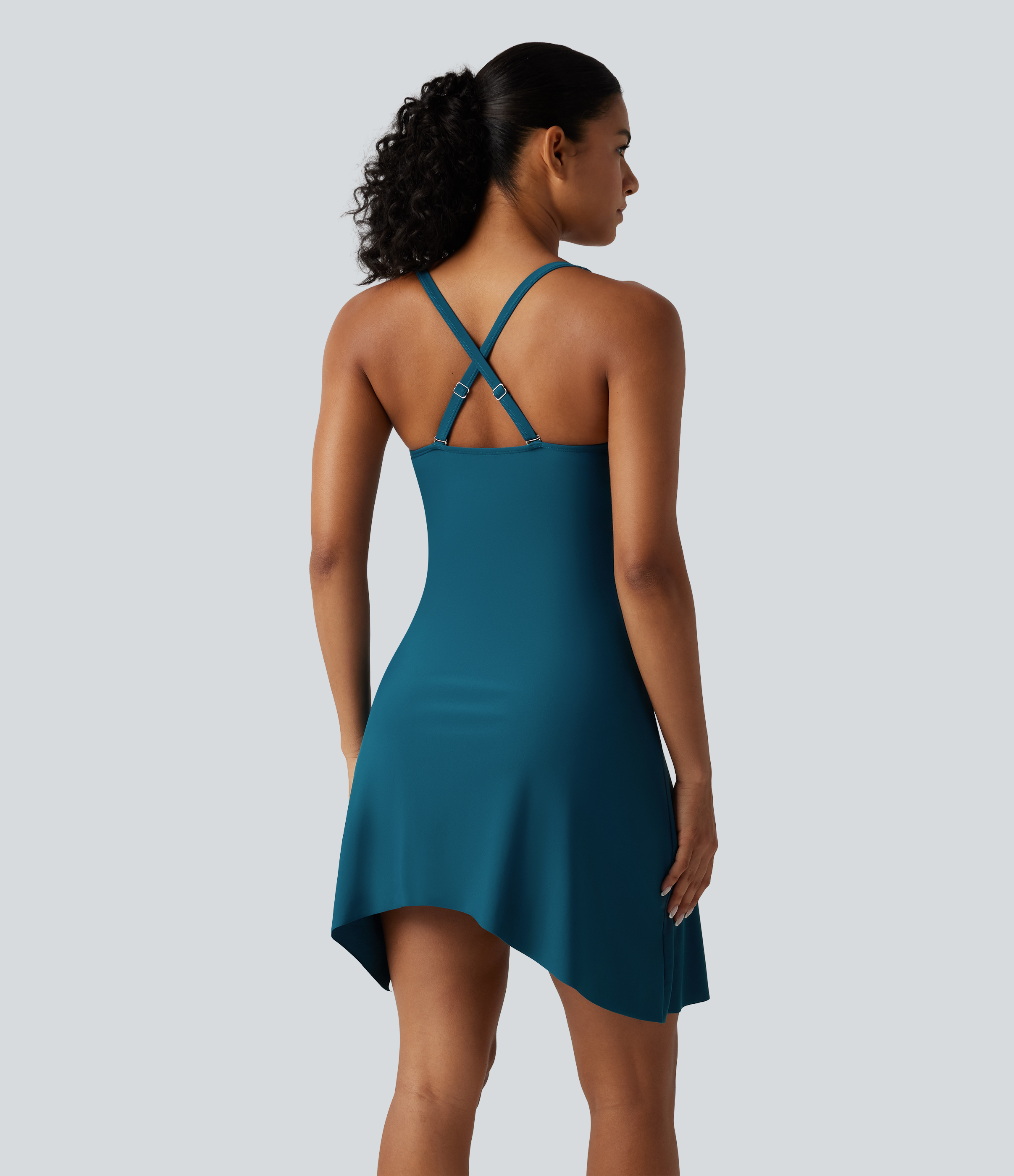 Electric Kiss - Teal Vestido de baño con escote Queen Anne, tirantes ajustables, fruncido torcido, abertura en el bajo, sujetador integrado 2 en 1 con efecto push-up y control de abdomen, con bolsillos / 2