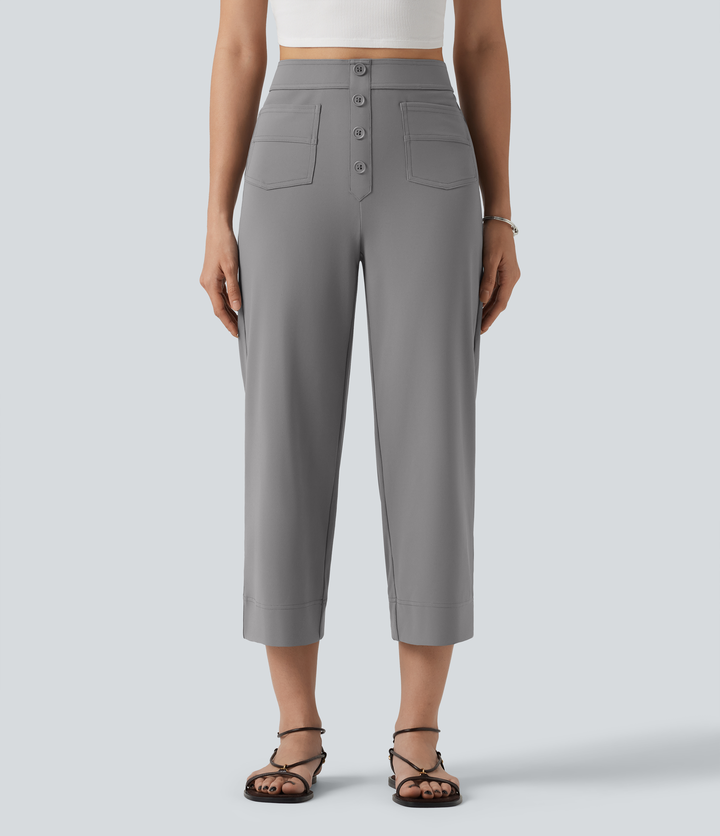 DayStretch High Waisted Straight Leg Cropped Casual Pants with Pockets
