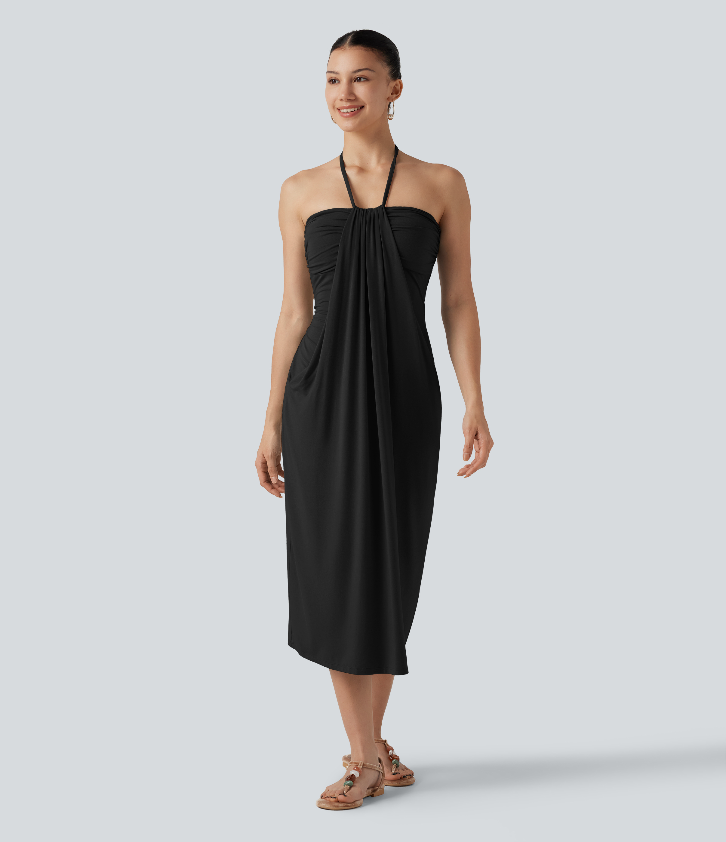Halter Tie Back Built-in Bra Midi Resort Dress with Pockets