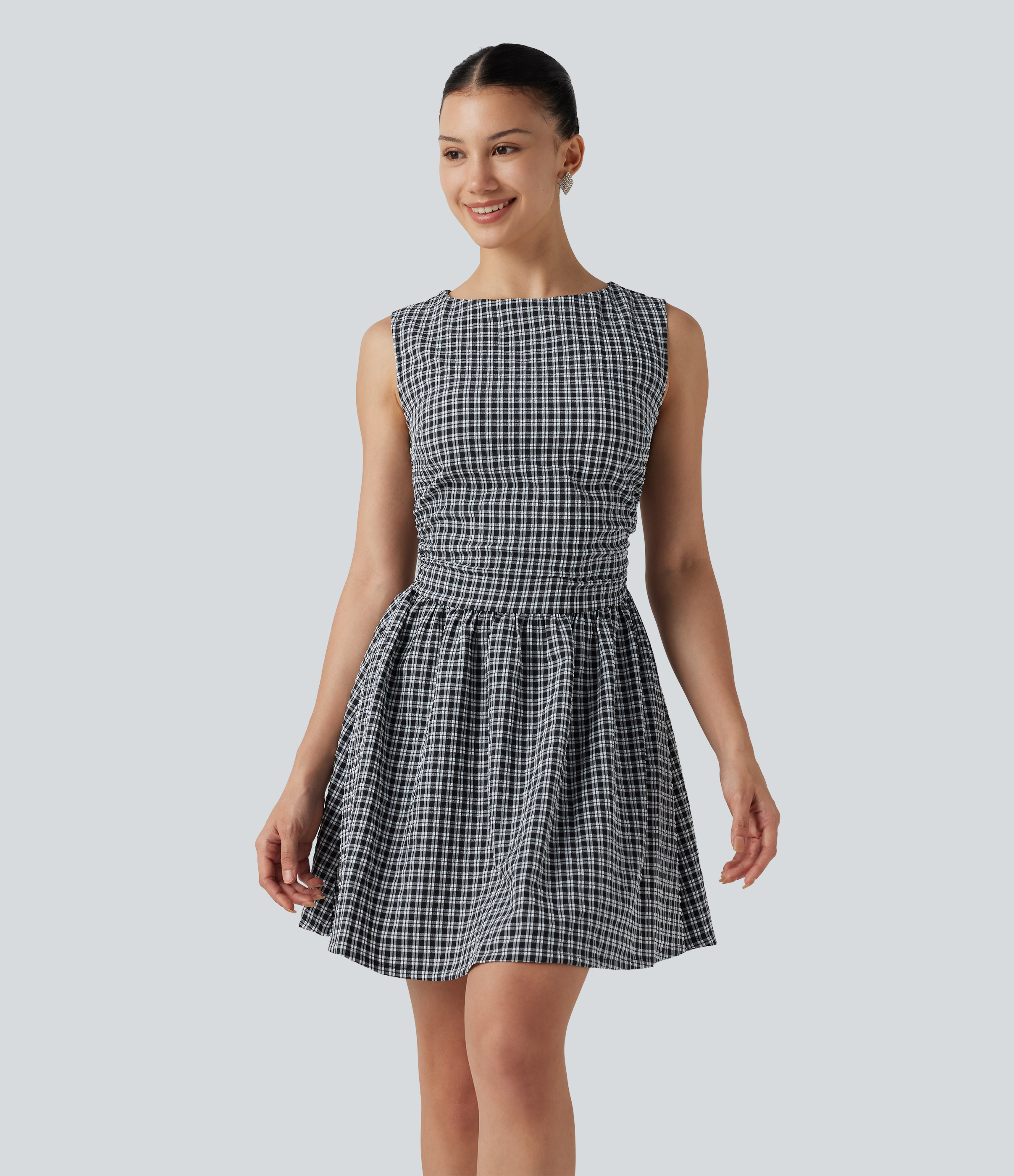 Gingham Boat Neck Sleeveless Invisible Zipper Ruched Mini Casual A-Line Dress with Pockets