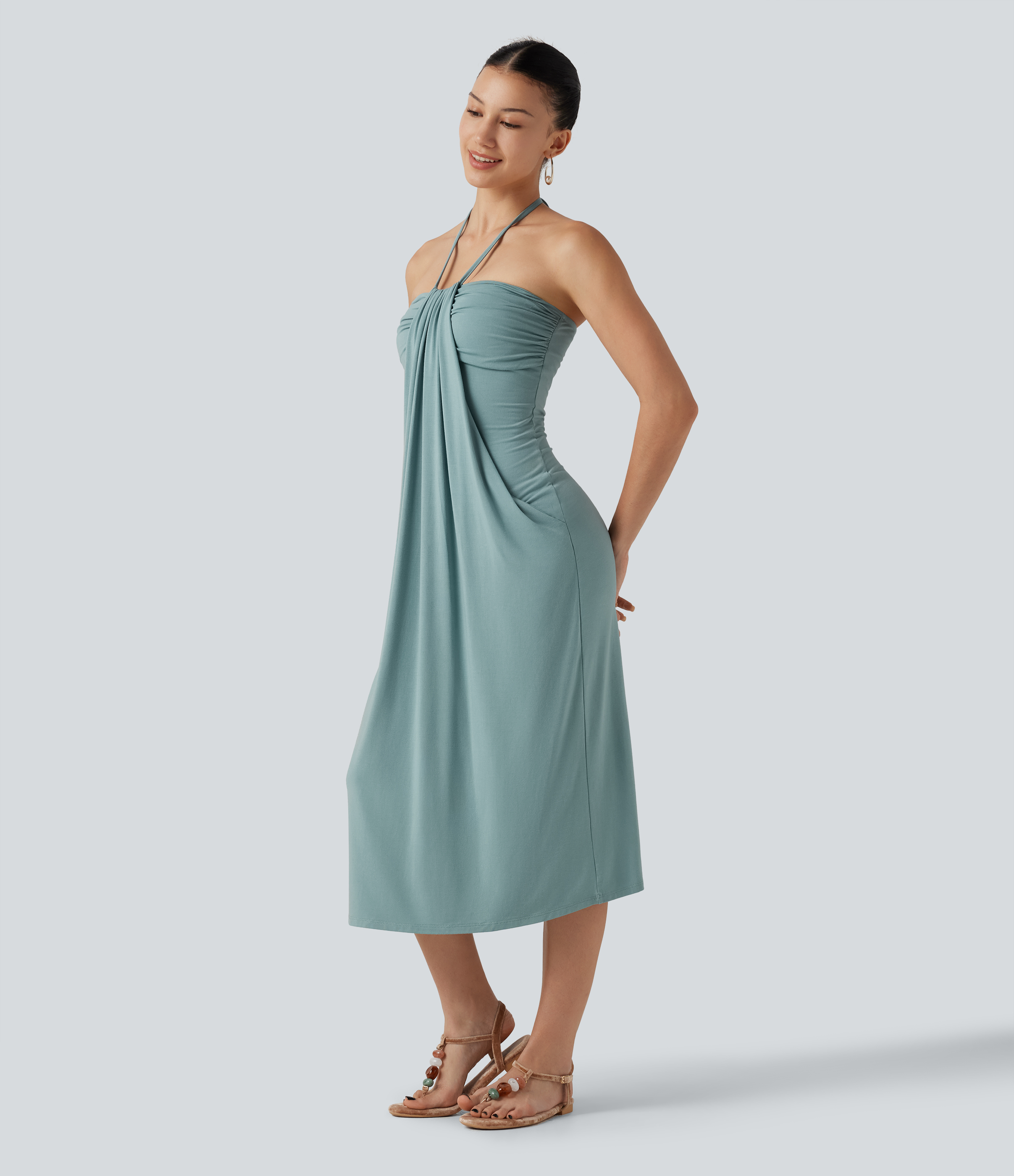 Halter Tie Back Built-in Bra Midi Resort Dress with Pockets