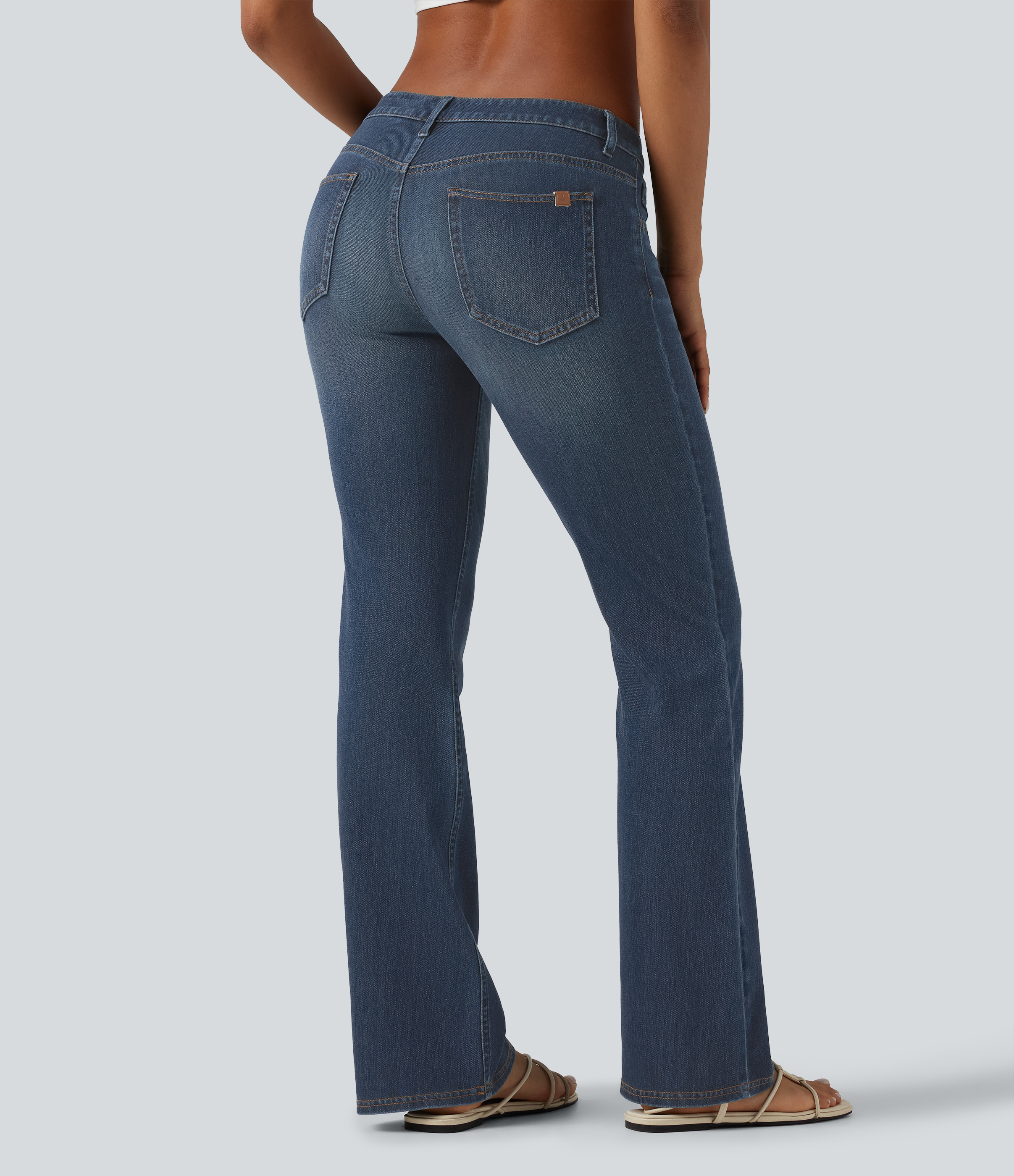 Mottled Dark Blue Denim Halara Flex™ Low Rise Washed Bootcut Casual Jeans with Pockets / 2