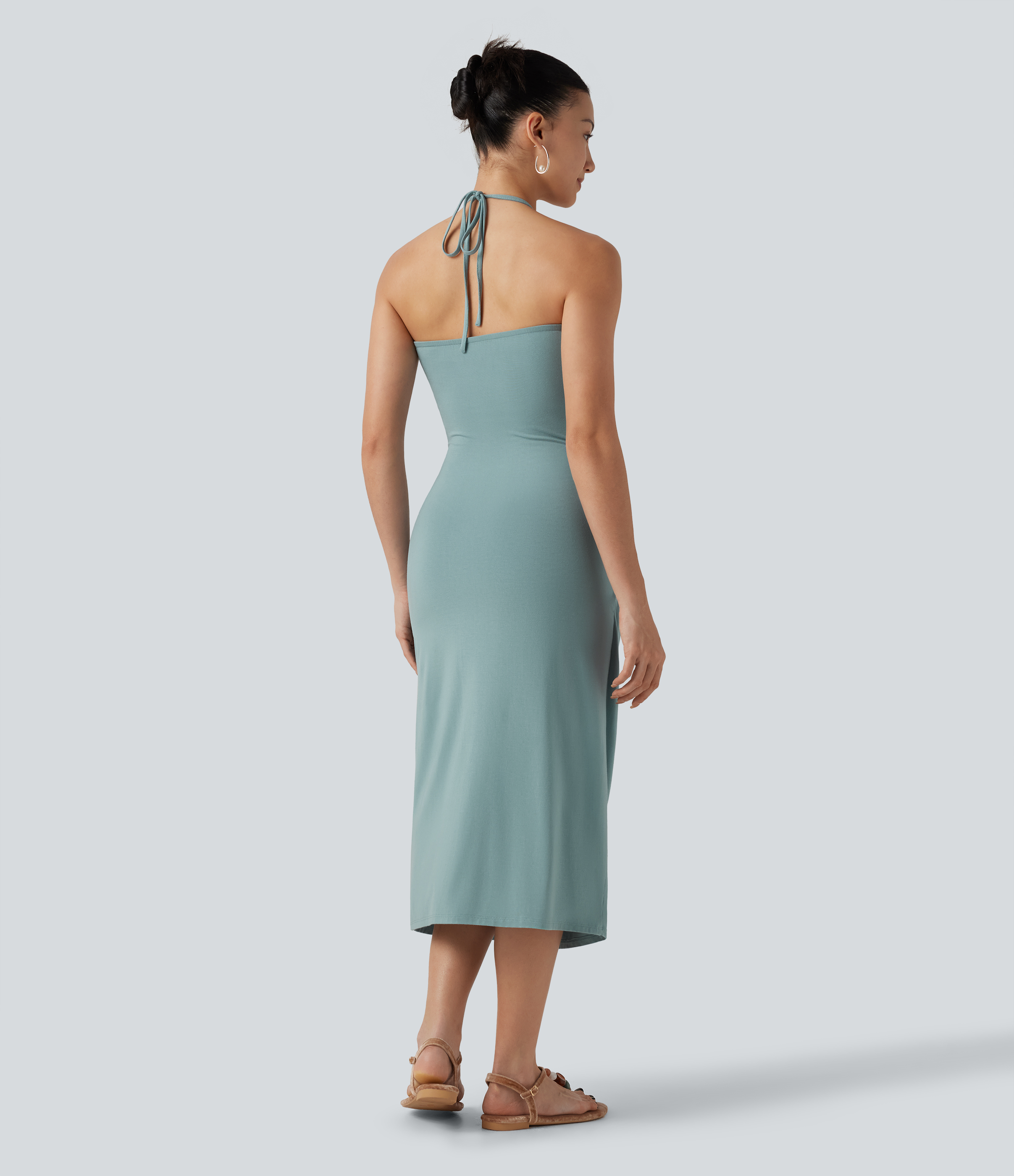 halter neck dress built in bra XS Oil Blue Tie Back Built-in Midi Resort with Pockets Midnight