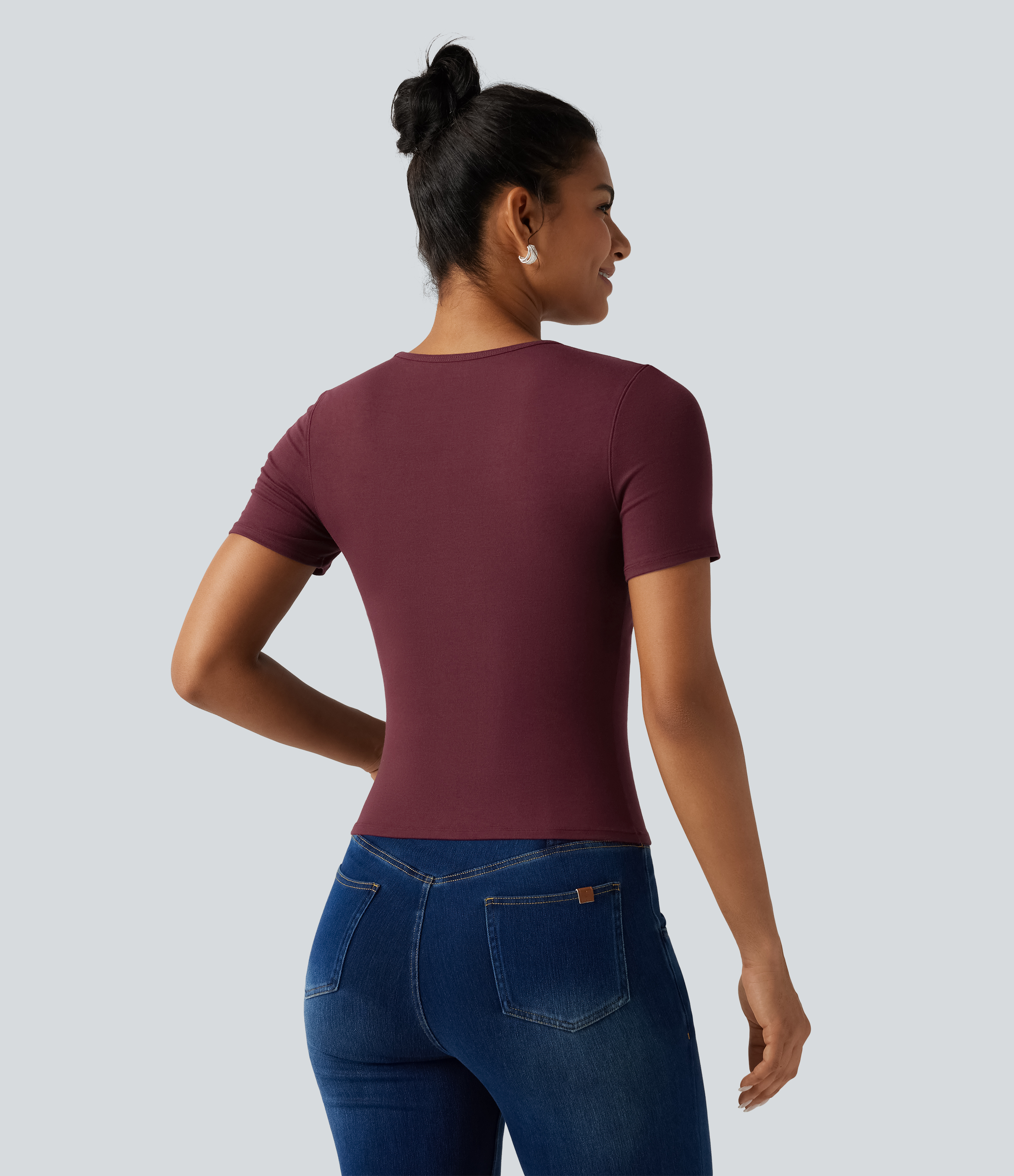 Tawny Port Ribbed Knit Round Neck Cut Out Short Sleeve Built-in Bra Casual T-Shirt / 2