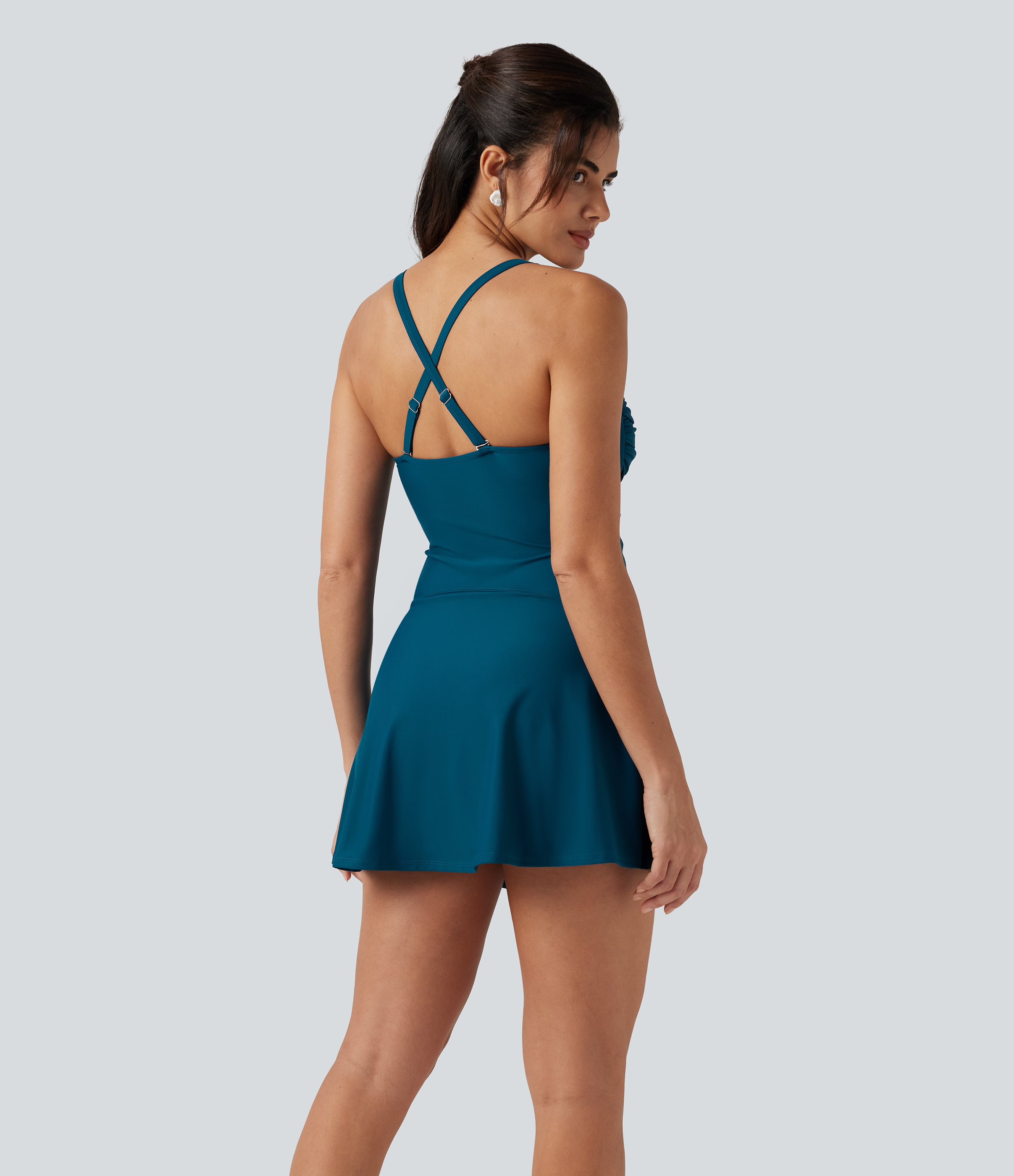 Sailor Blue Queen Anne Neck Adjustable Straps Twisted Ruched 2-in-1 Built-in Bra Push-Up Tummy Control Swim Dress with Pockets / 2
