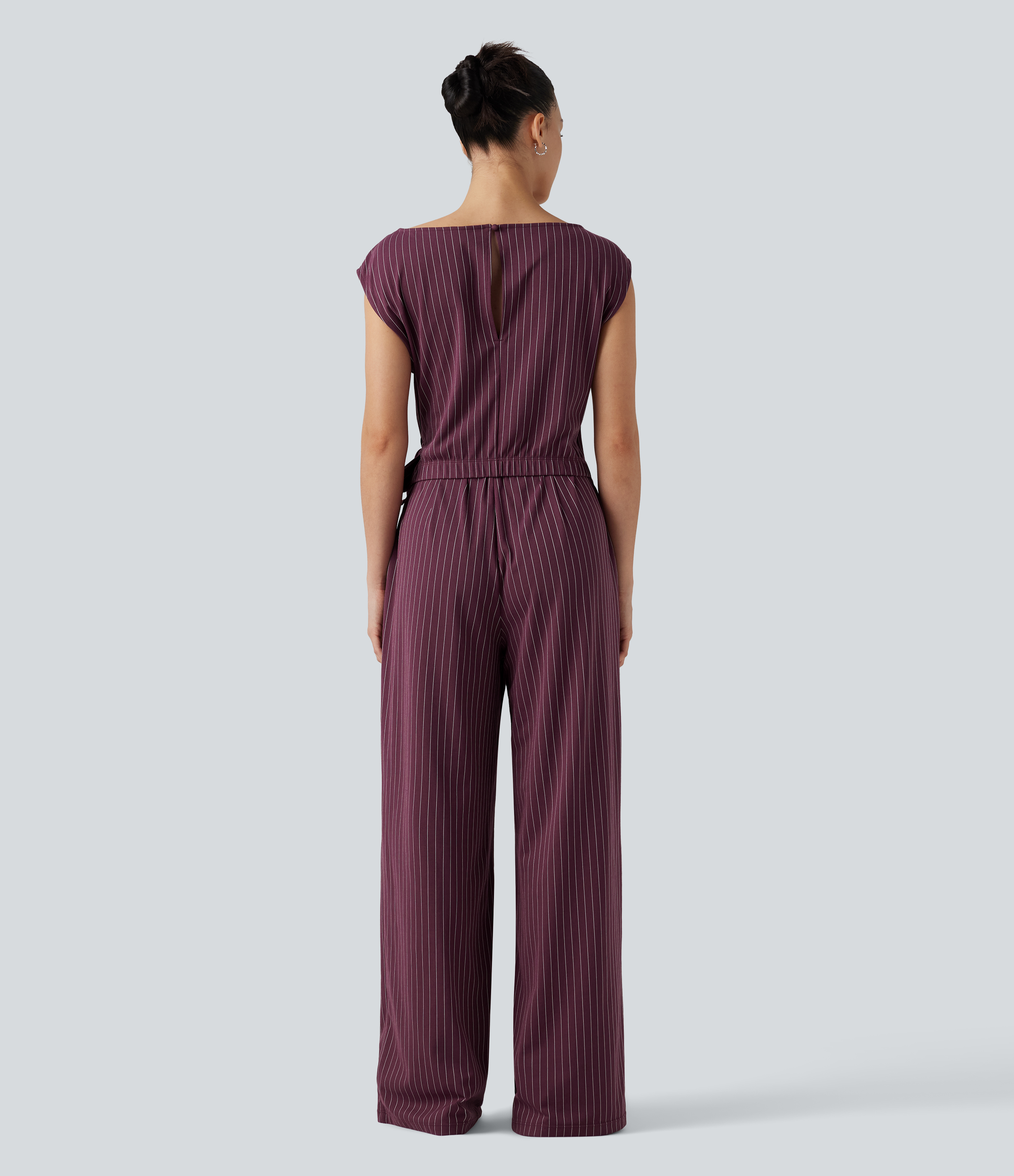 Plum Stripe Boat Neck Sleeveless Tie Side Cool Touch Stripe Work Jumpsuit with Pockets-Easy Peezy Edition / 2