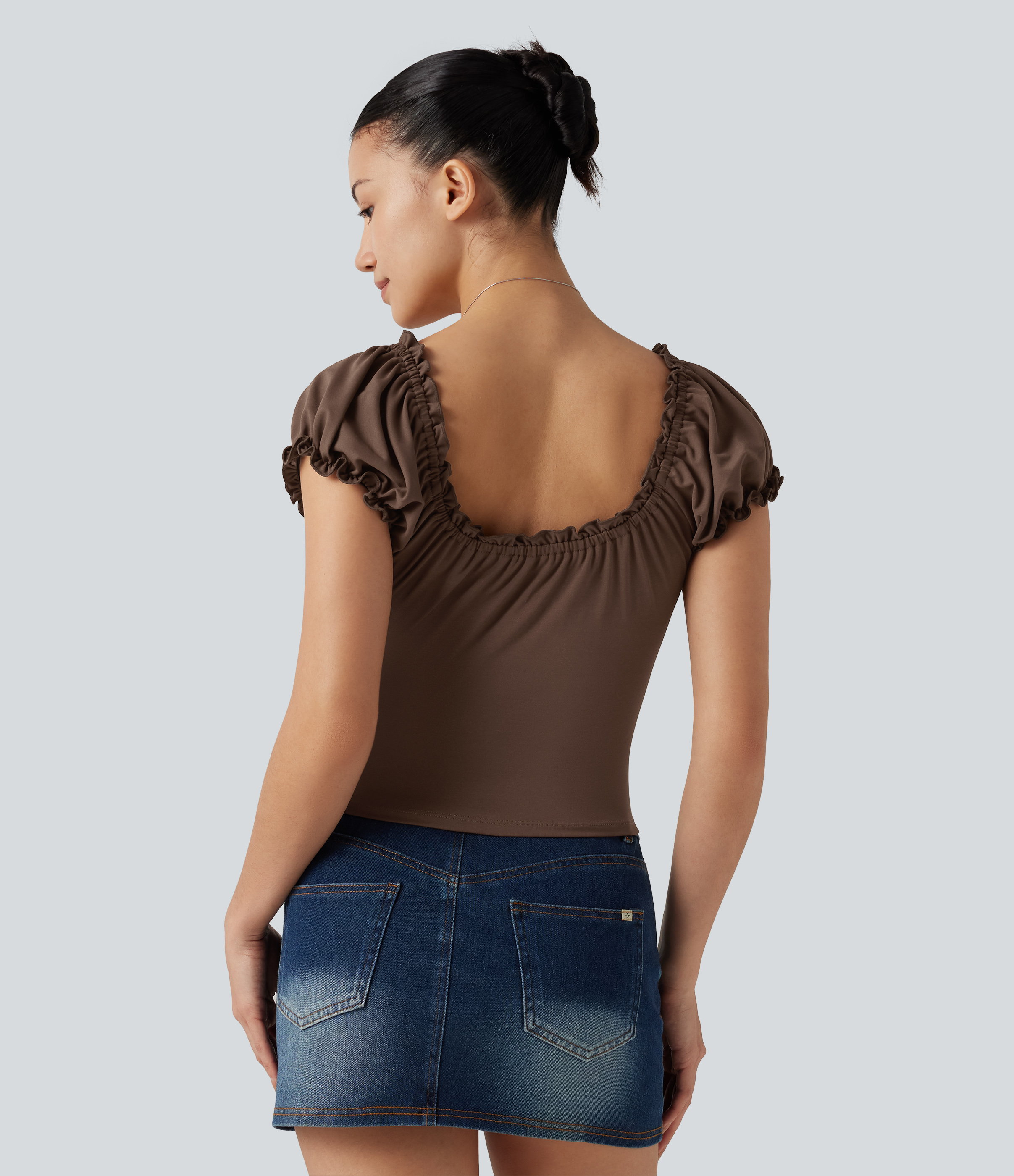 Chestnut Square Neck Tie Front Frill Trim Ruched Casual Top / 2